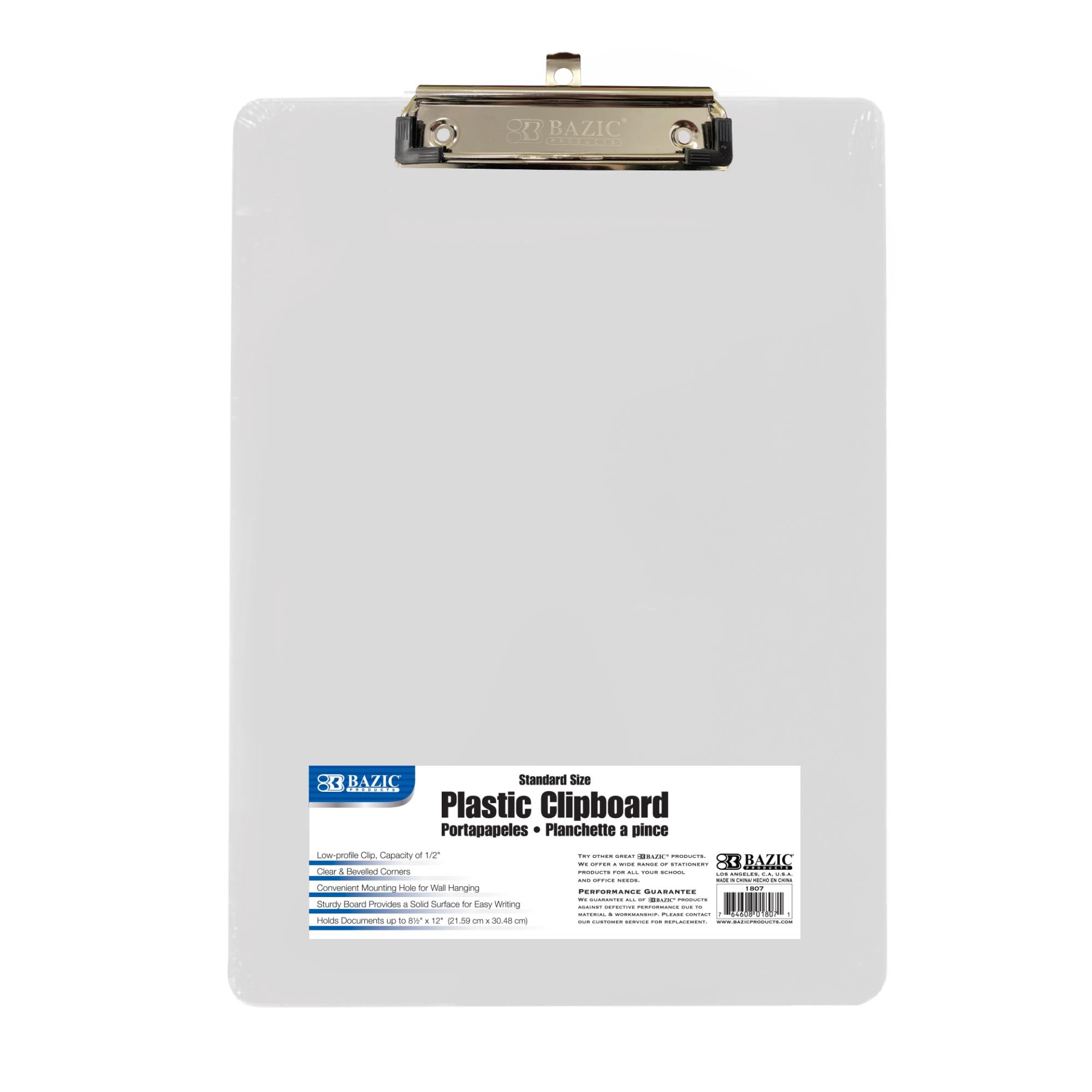 Standard Size Clear Plastic Clipboard, Low Profile Clip