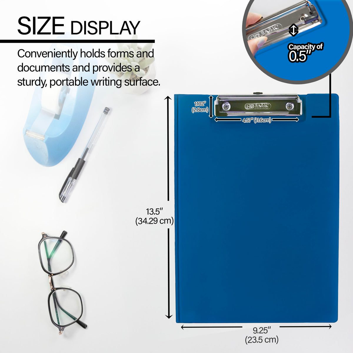 Blue folder: 13.5 x 9.25 in (34.29 x 23.5 cm); clip: 4.57 x 1.02 in (11.6 x 2.8 cm), 0.5 in capacity.