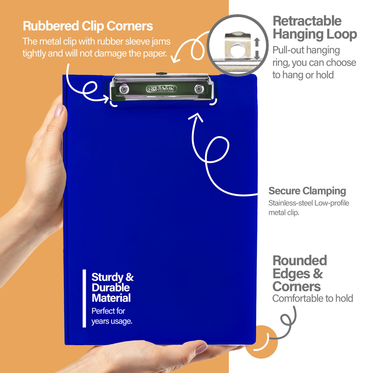 Blue folder: rubbered clip corners, retractable hanging loop, stainless-steel clip, rounded edges and durable material.