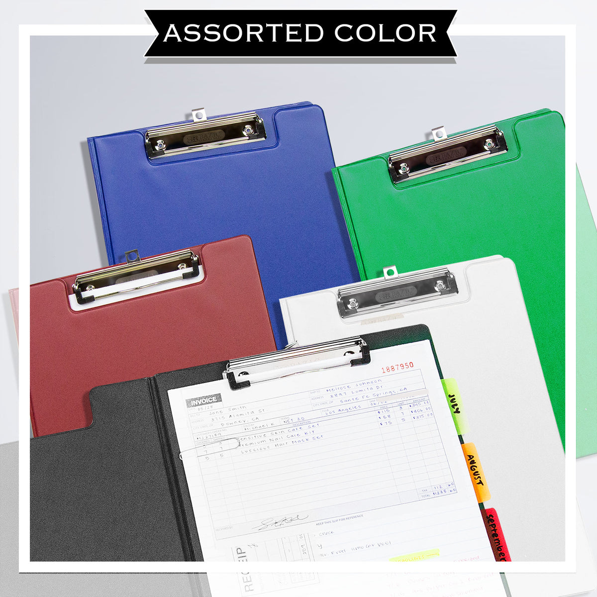 Assorted colors: blue, green, red, white and black clip folders with metal clips; black folder shown open holding papers.