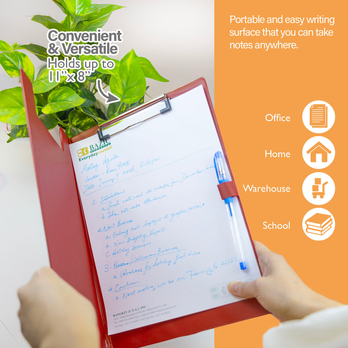 Red clip folder holds up to 11 x 8 in. sheets; portable writing surface for office, home, warehouse and school.
