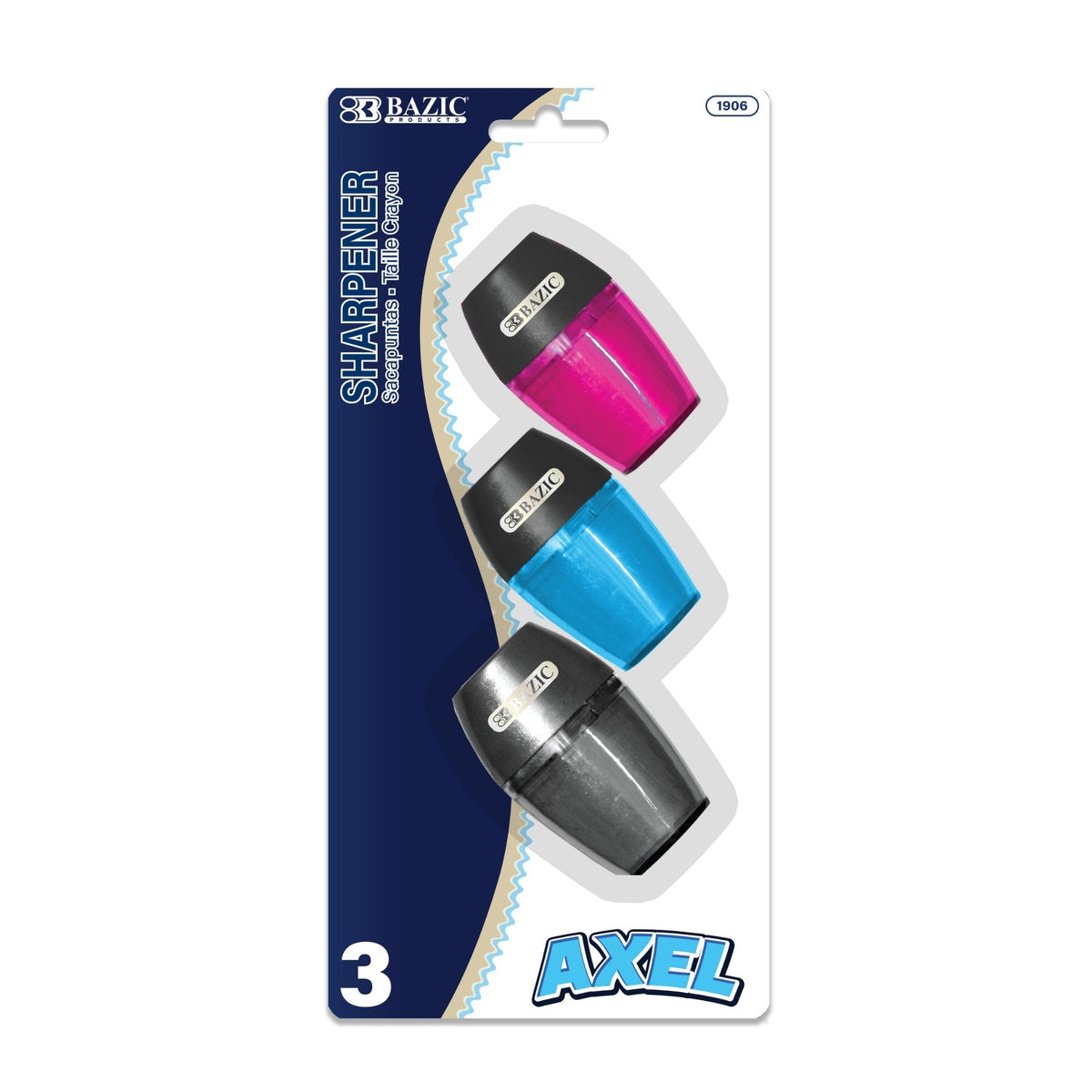 BAZIC Axel Single Hole Pencil Sharpeners with Receptacle, 3 sharpeners