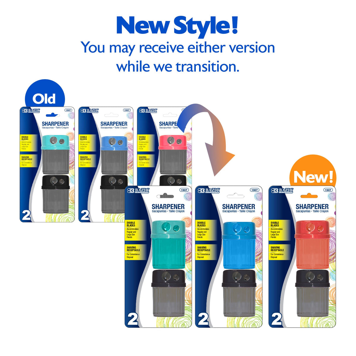 New style: you may receive either version during transition. Two-pack sharpeners shown in teal, blue or red, plus black.