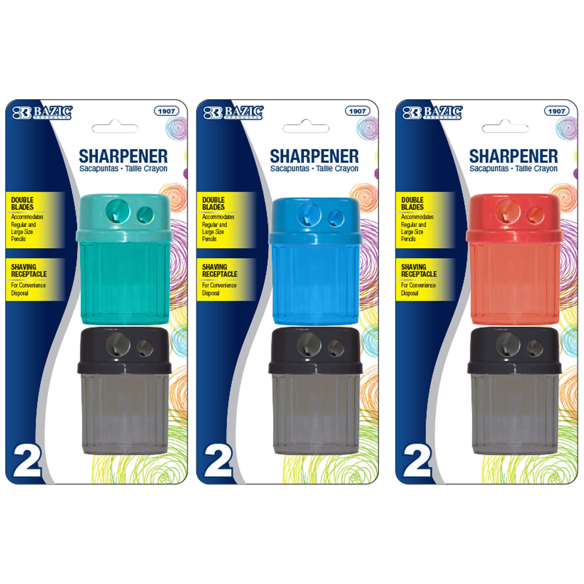 BAZIC Dual Hole Pencil Sharpeners with Receptacle, Round