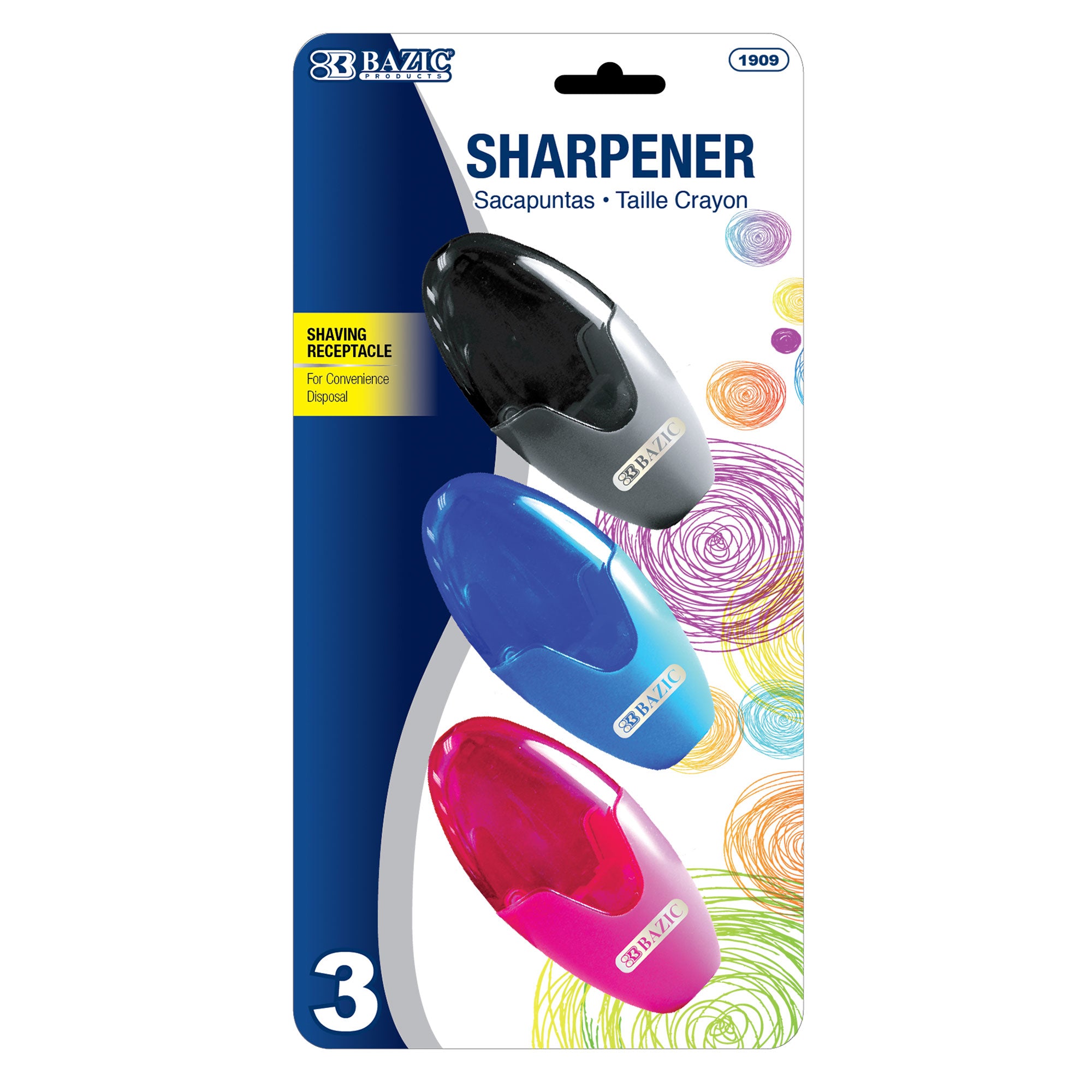 Noah Single-Hole Pencil Sharpeners, 3 Count, With Receptacle