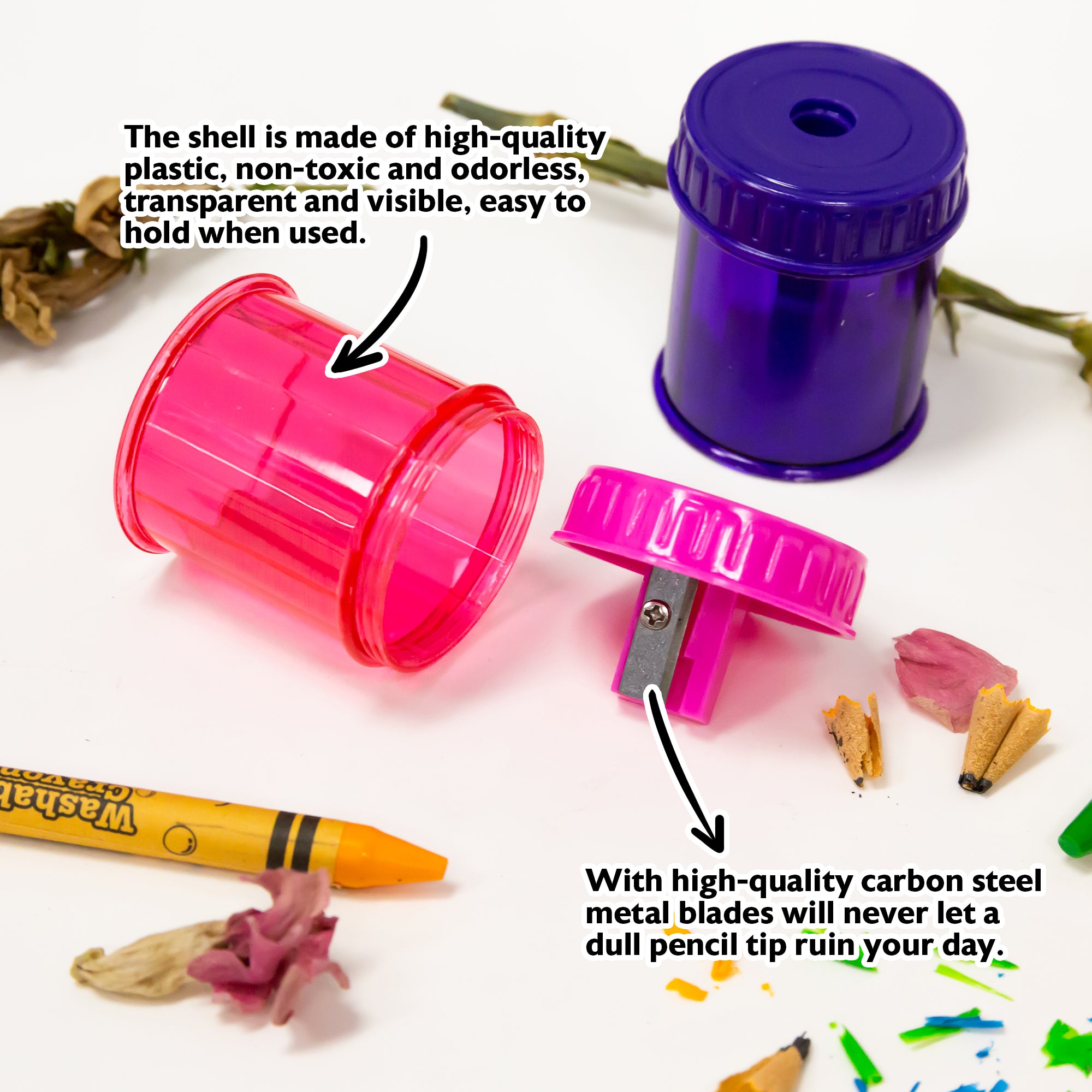 Dual-Hole Pencil Sharpeners, 4 Count, With Receptacle