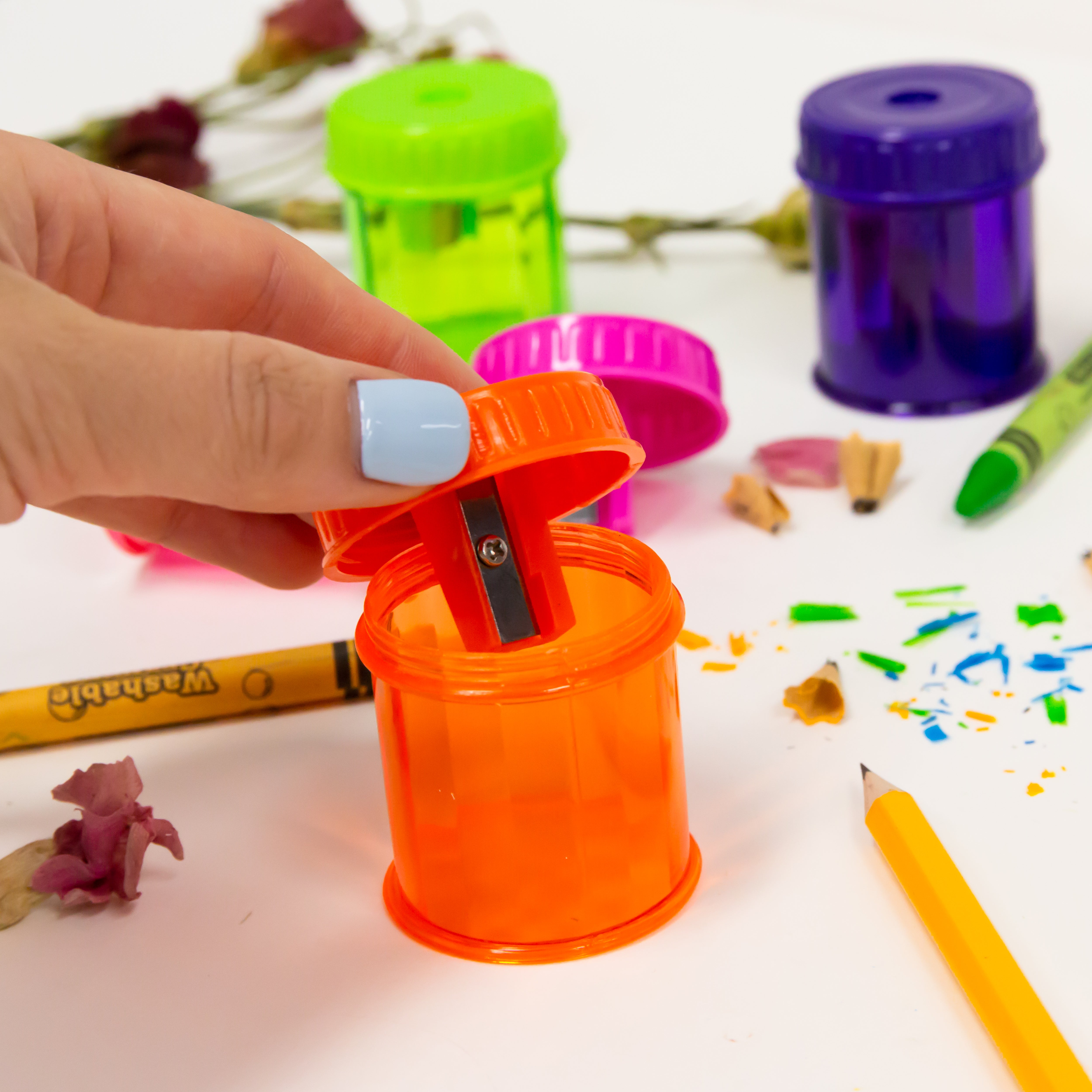 Dual-Hole Pencil Sharpeners, 4 Count, With Receptacle