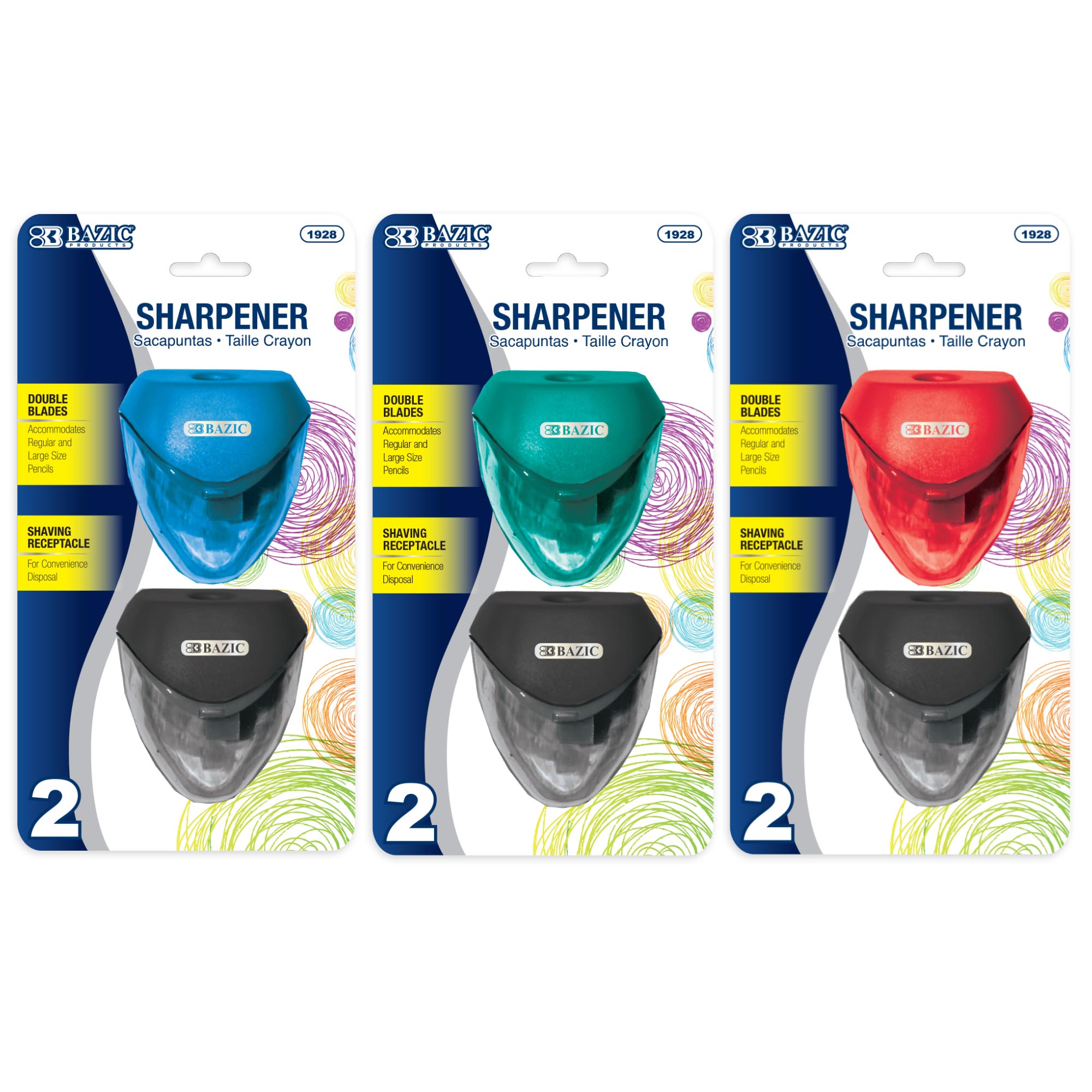 Kara Dual-Hole Pencil Sharpeners, 2 Count, With Receptacle