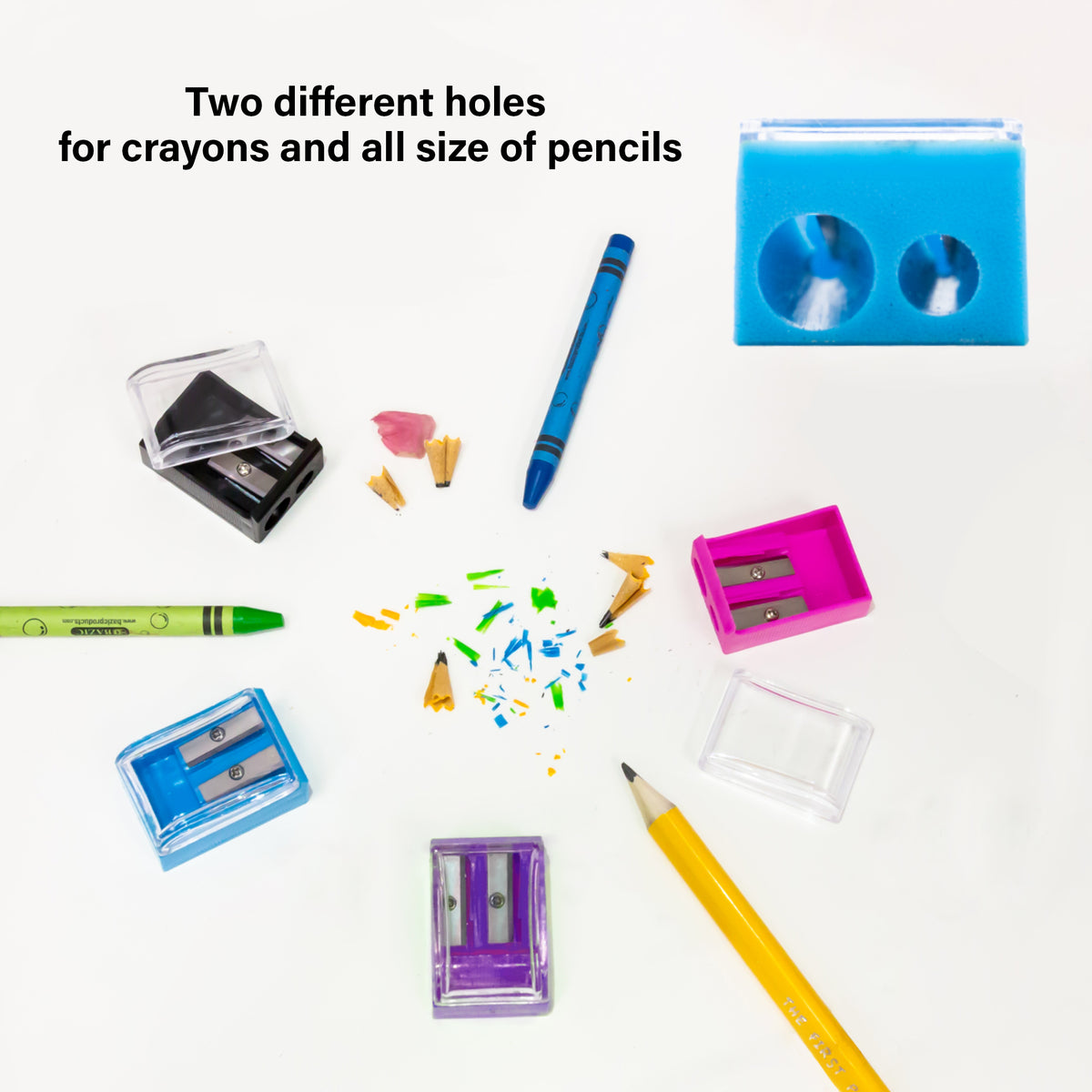 Two different holes for crayons and all sizes of pencils; blue, pink, purple and black sharpeners with clear covers.