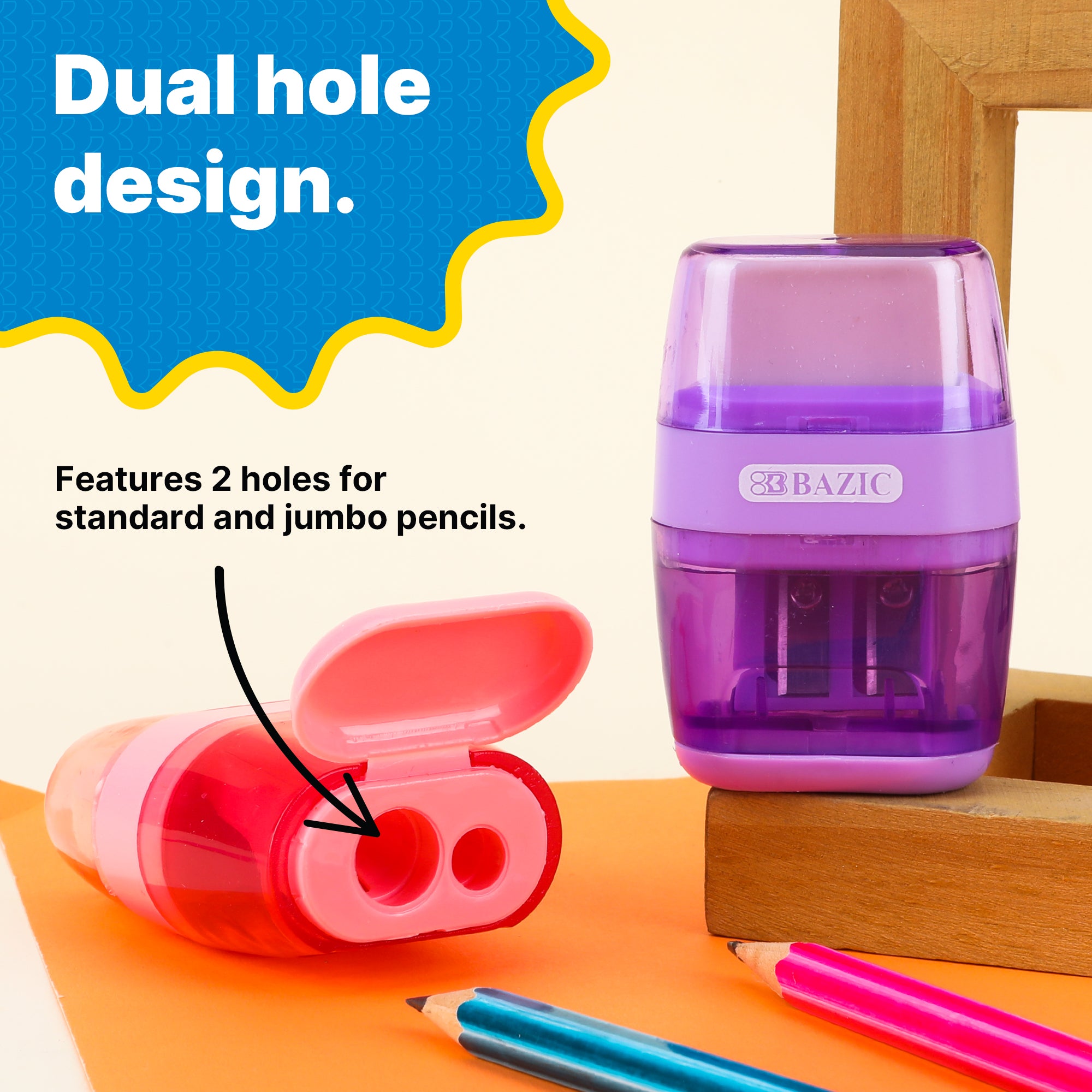 Dual Hole Pencil Sharpener w/ Eraser & Square Receptacle