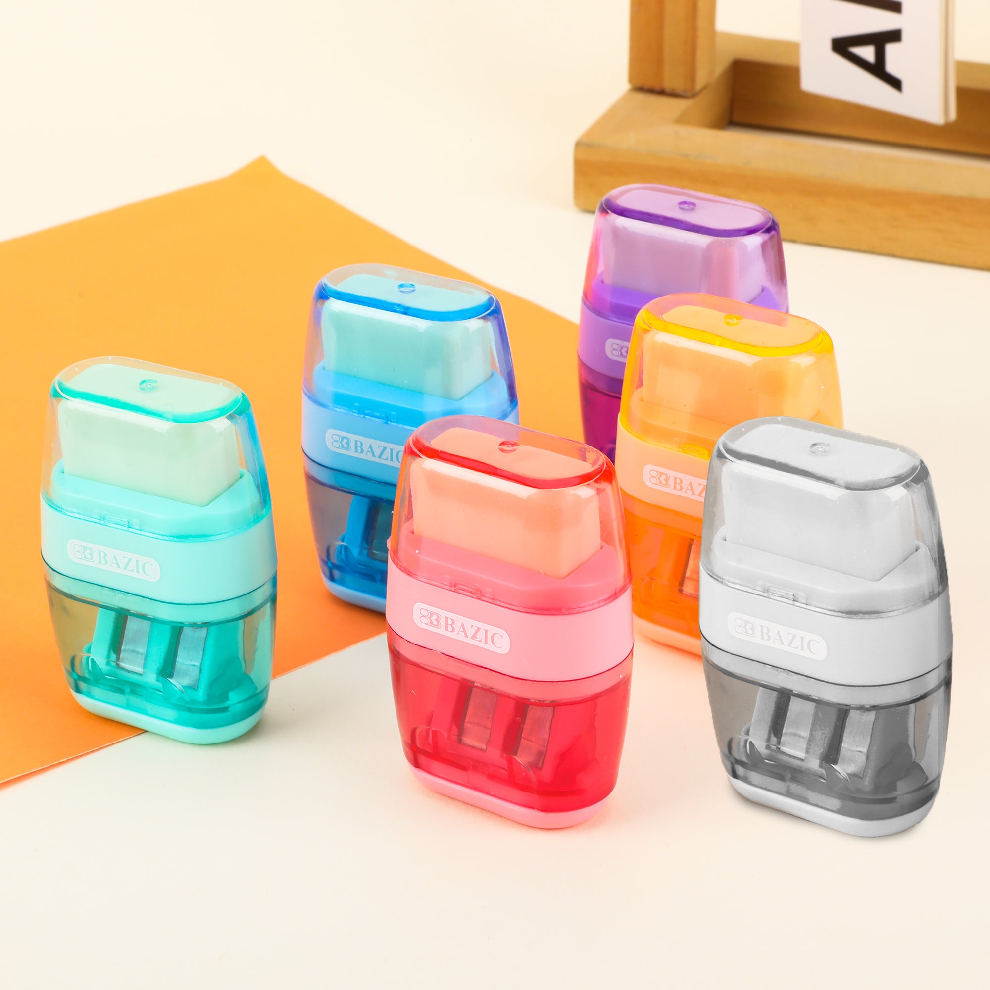 Dual Hole Pencil Sharpener w/ Eraser & Square Receptacle