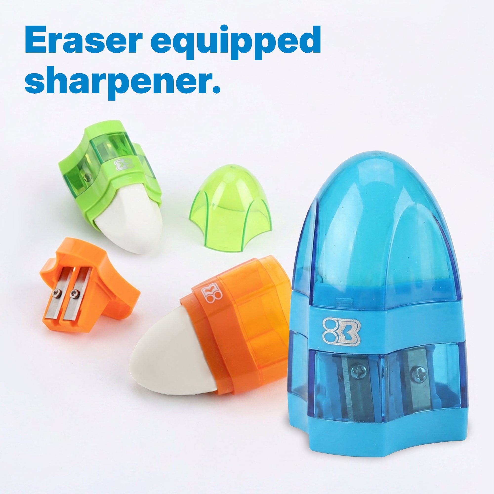 Dual Hole Pencil Sharpener w/ Eraser & Receptacle, Steel