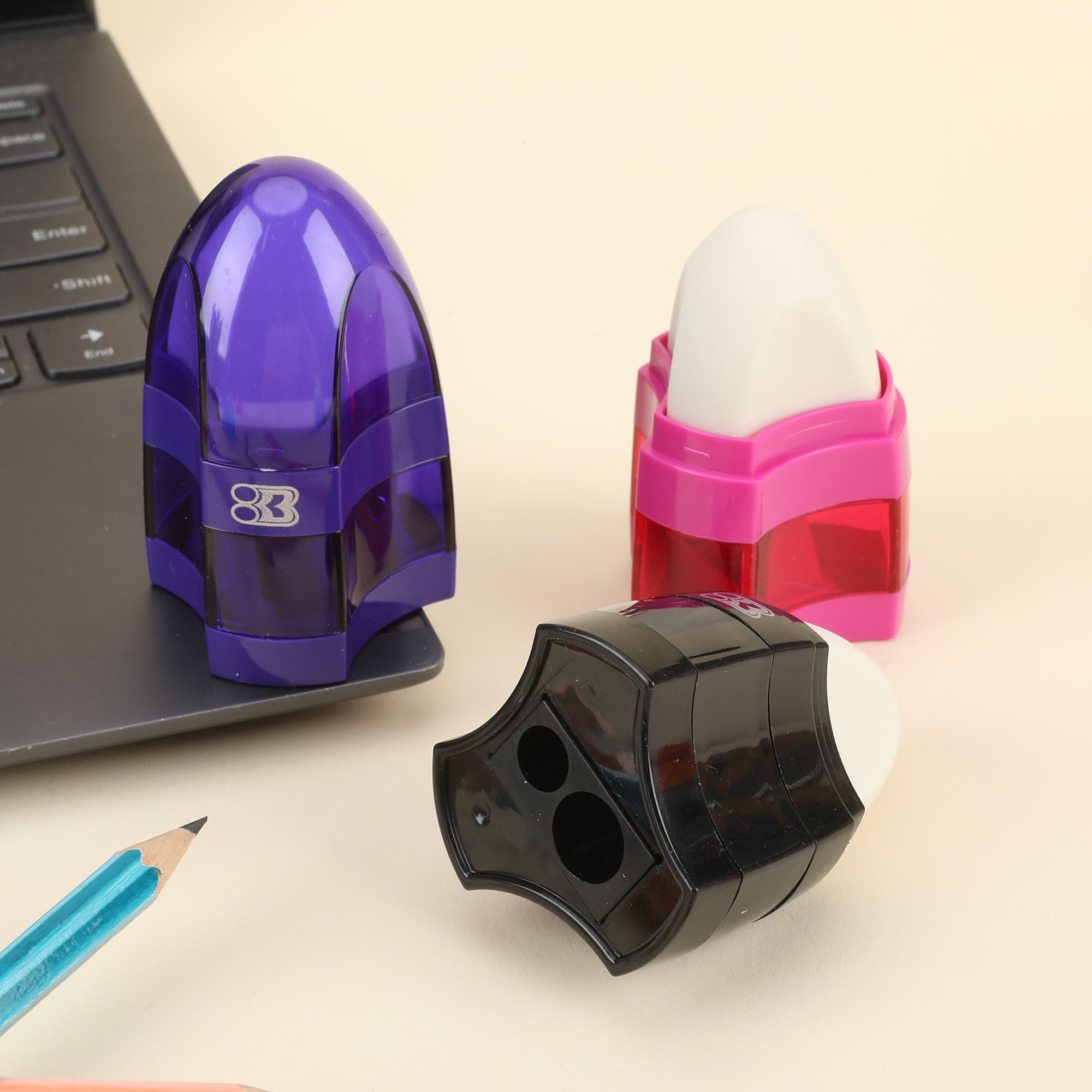 Dual Hole Pencil Sharpener w/ Eraser & Receptacle, Steel
