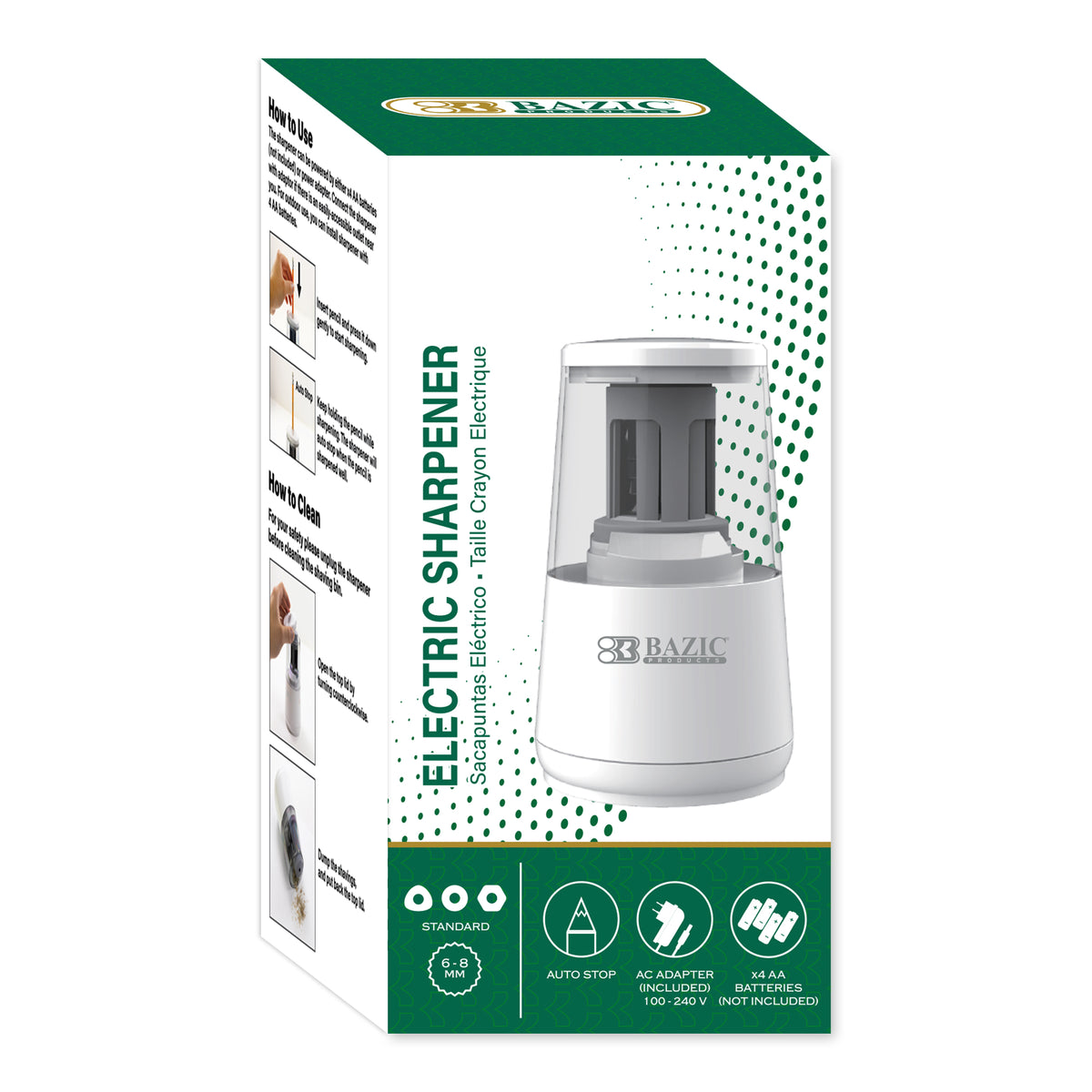 Electric Pencil Sharpener, Battery or AC Power, Receptacle