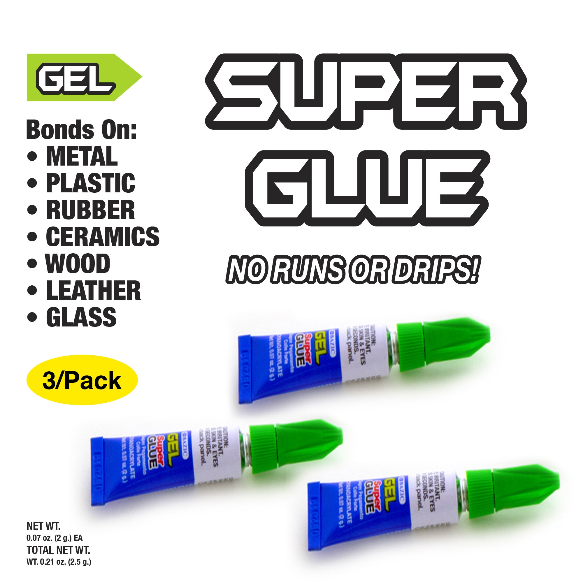 Super Glue Gel, 3 Tubes, 0.07 oz Each