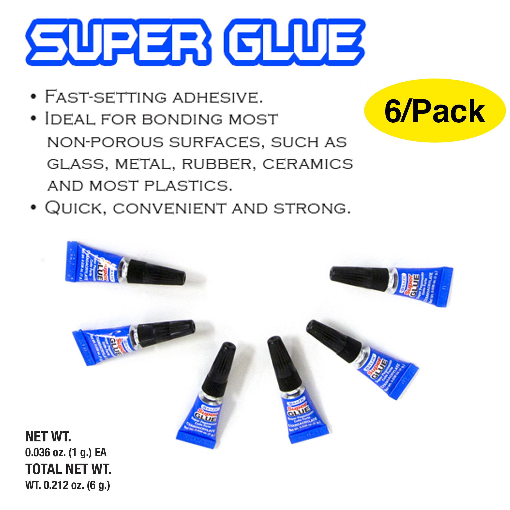 Super Glue, 6 Single Use Tubes, Permanent Adhesive