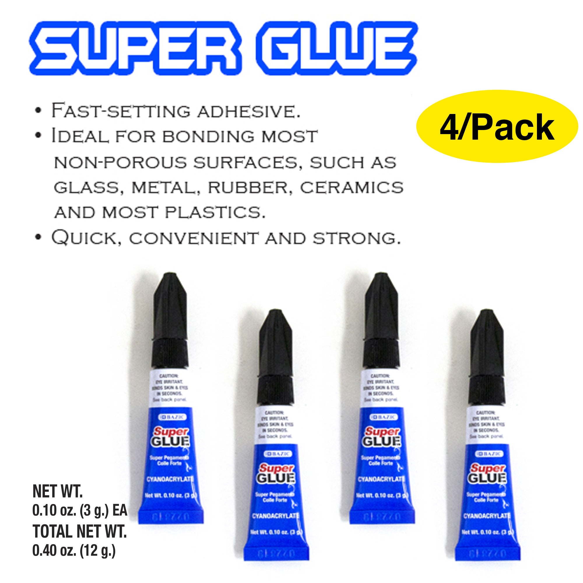 Super Glue, 0.10 oz, 4 Count, for Repairs Crafts Bonding