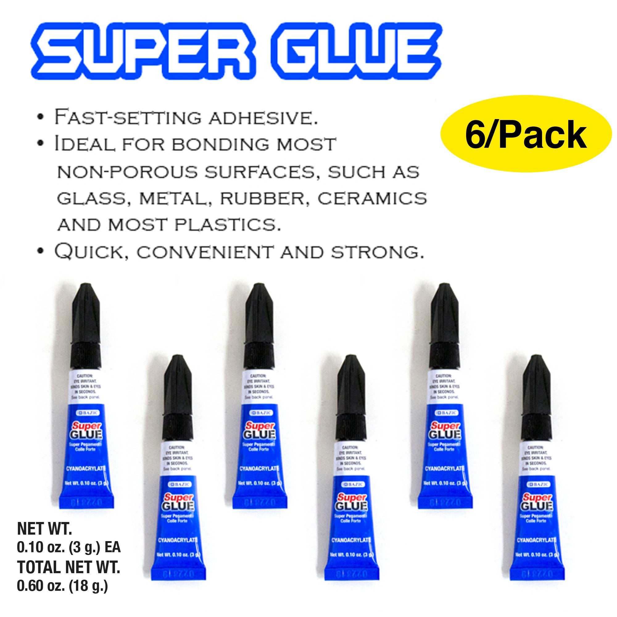 Super Glue, 3g Tubes, Permanent Adhesive, 6-Count