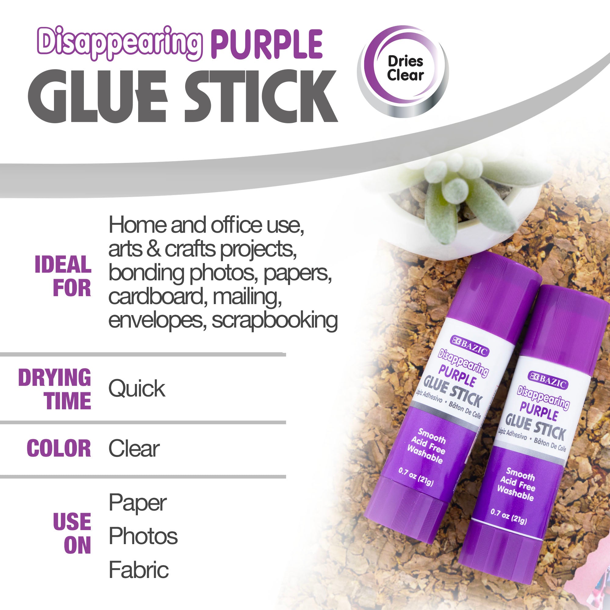 Washable Disappearing Purple Glue Sticks, 0.7 oz, 2 Count