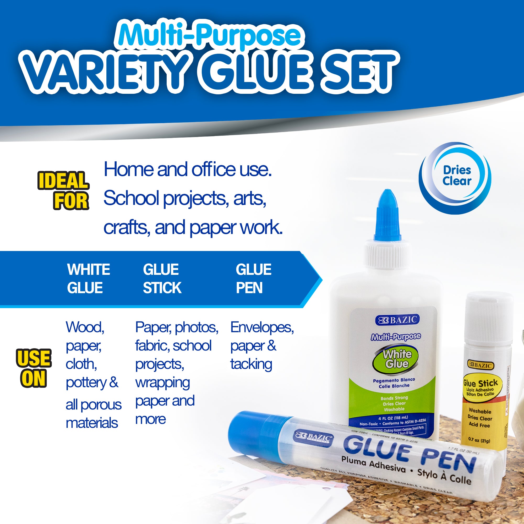 Clear Glue &amp; White Glue &amp; Glue Stick Sets (3/Pack)
