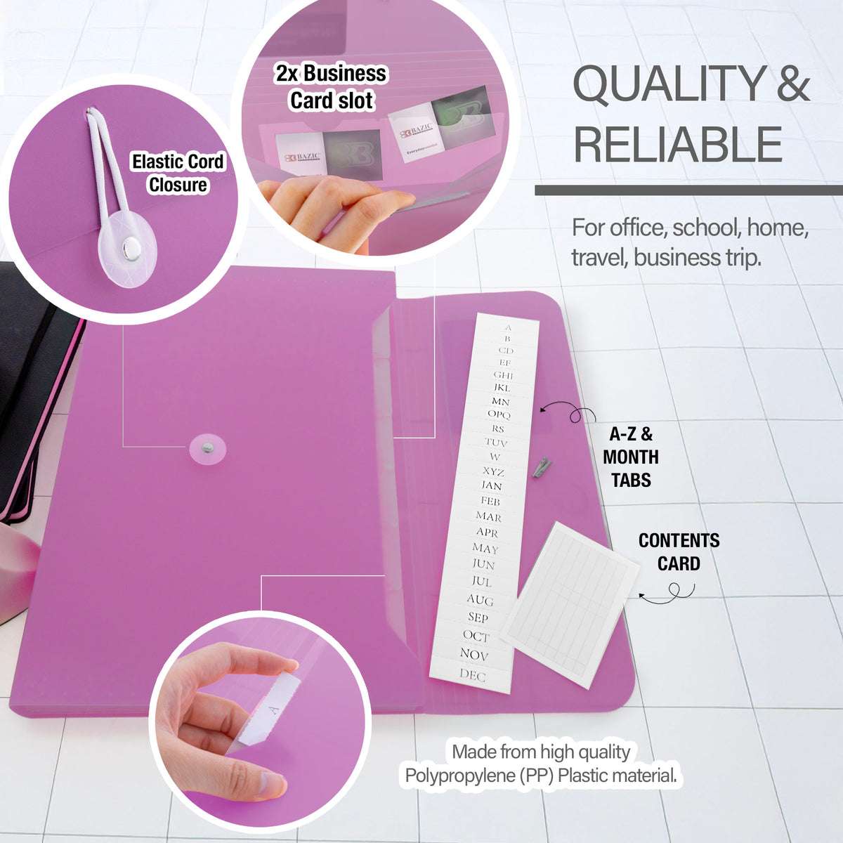 Pink polypropylene file with elastic cord closure, 2 business card slots, A–Z and month tabs, and contents card.