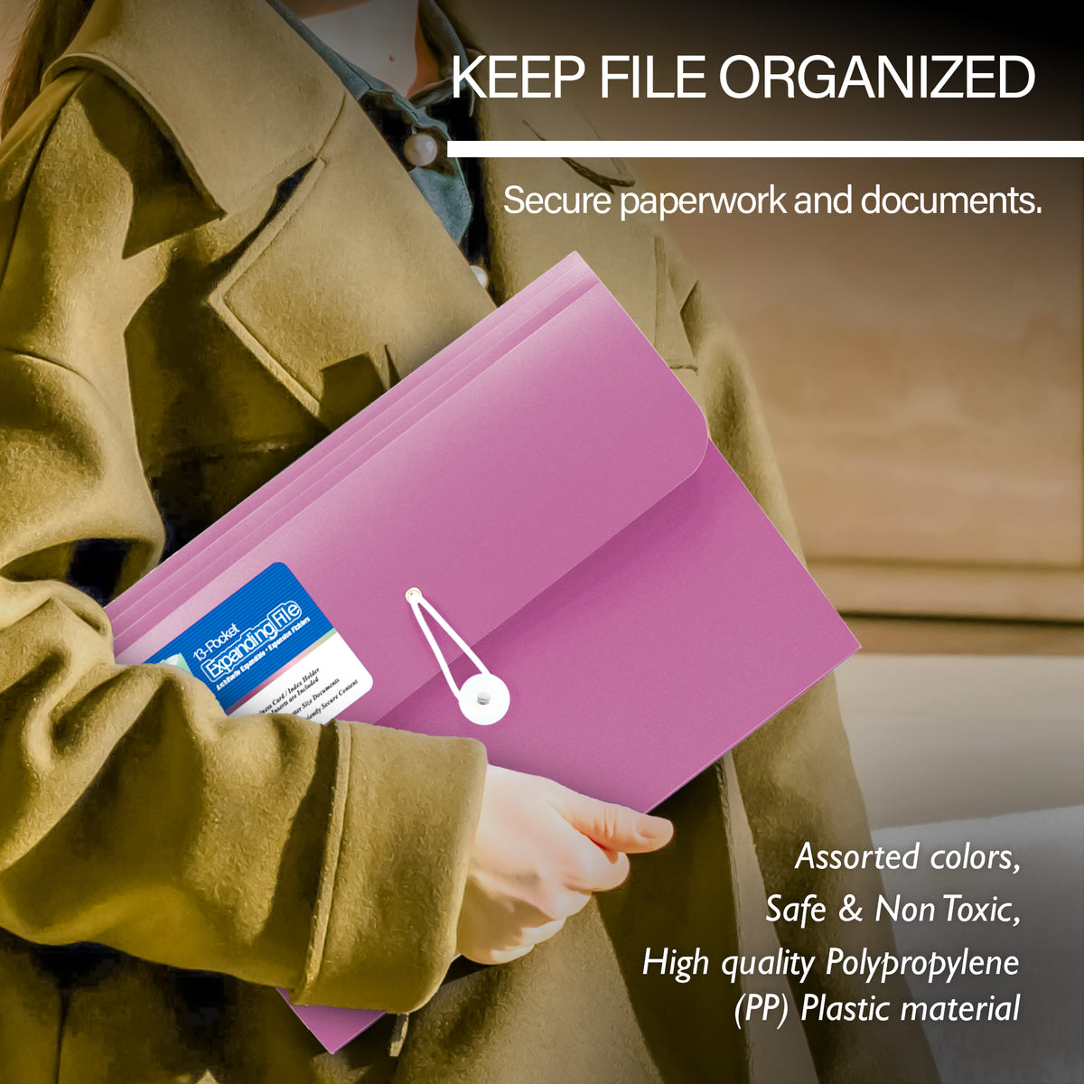 Person holds pink file; keeps documents organized. Assorted colors, safe and non-toxic, high-quality polypropylene plastic.