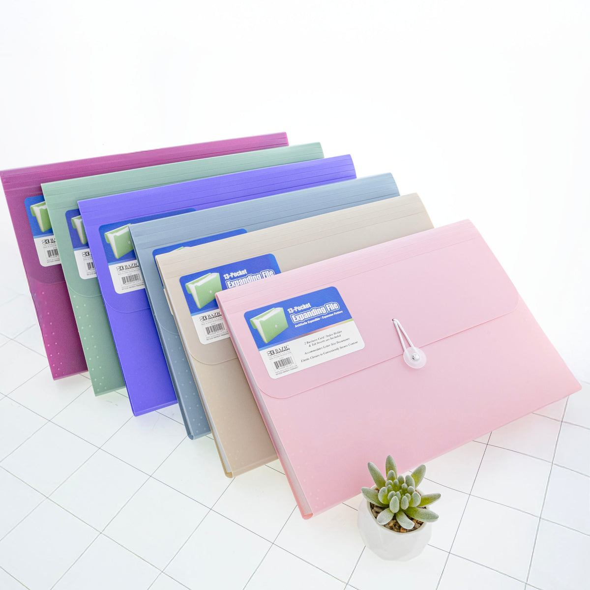 Six 13-pocket files in mauve, mint, purple, blue-gray, beige and pink, with flap covers and button-and-loop closures.