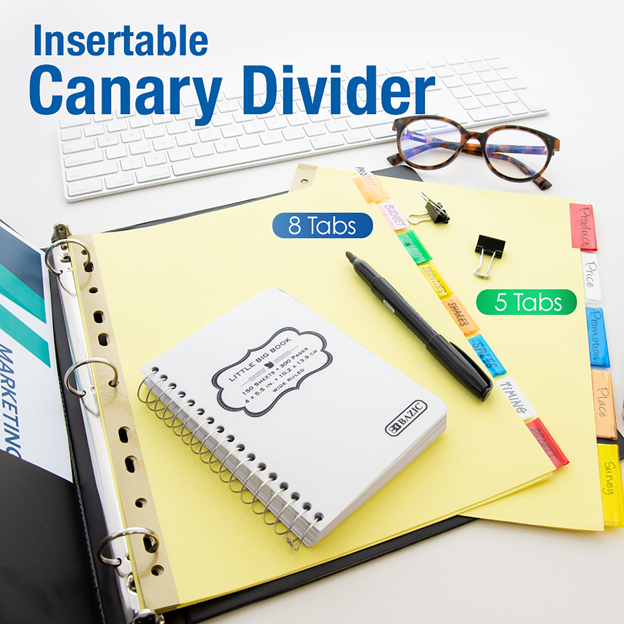 Canary Binder Dividers, 5 Insertable Color Tabs