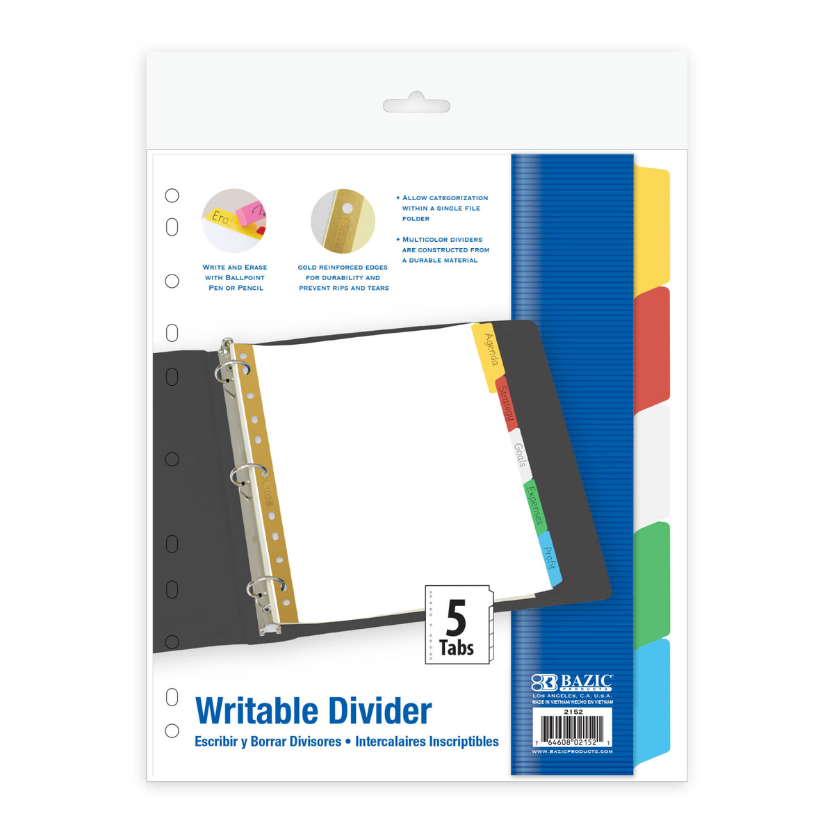 BAZIC White Binder Dividers, 5 Writable Erasable Color Tabs