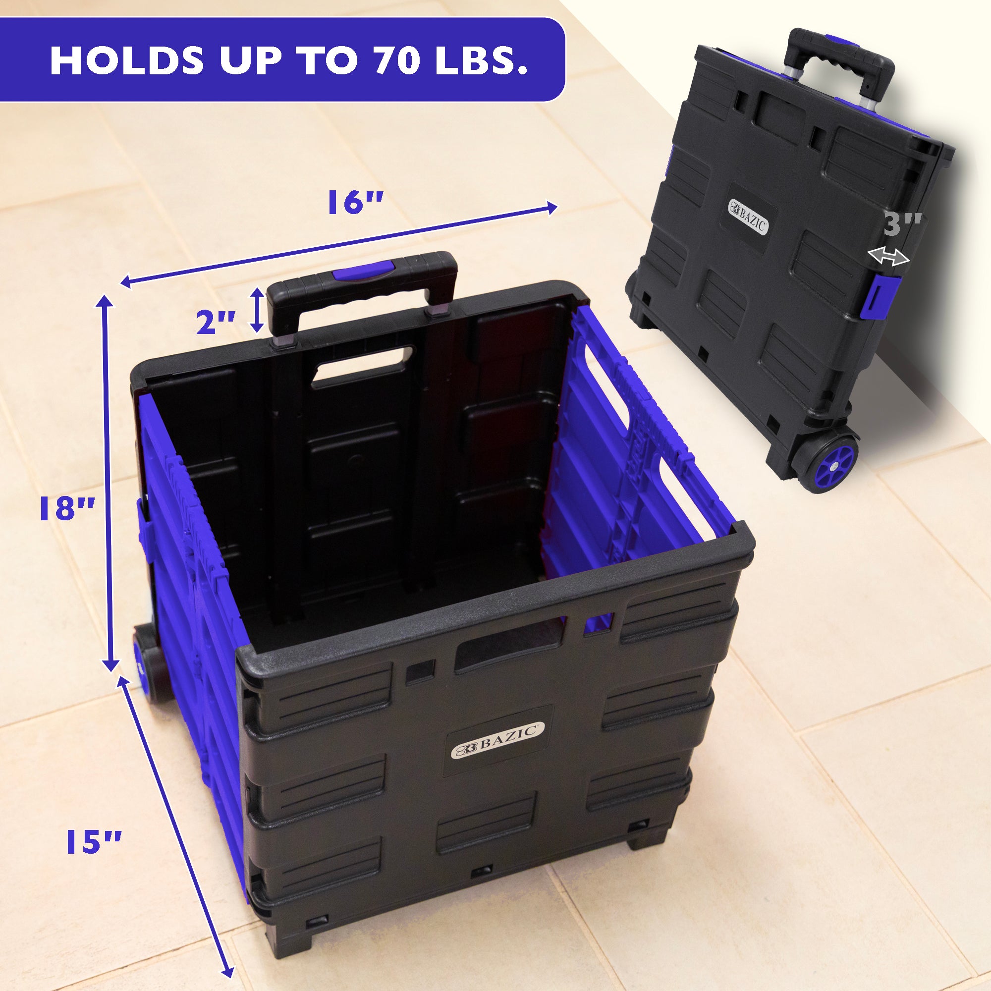 Blue Folding Cart on Wheels, 16 x 18 x 15 in, 70 lb Capacity