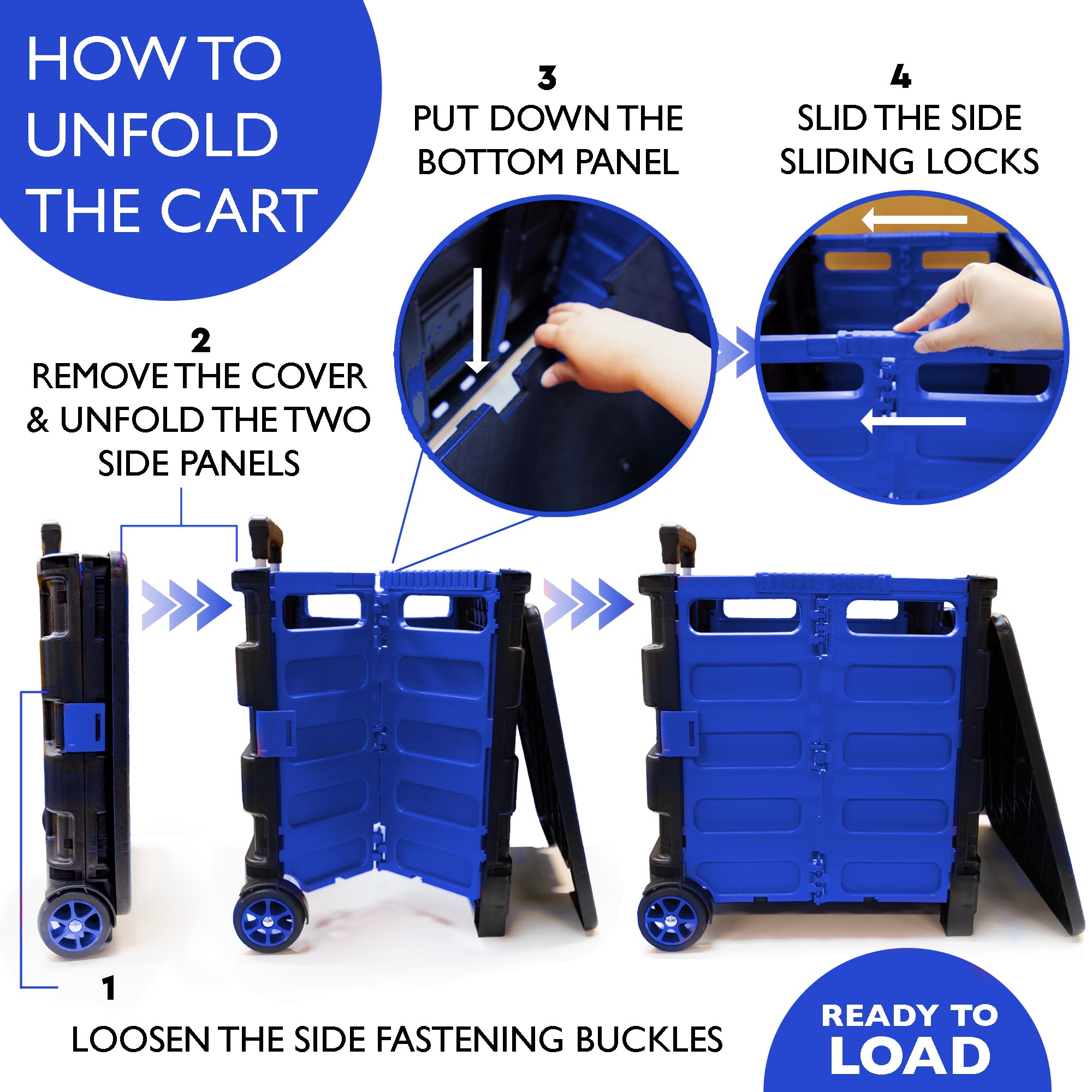 Blue Folding Cart on Wheels, 16 x 18 x 15 in, 70 lb Capacity