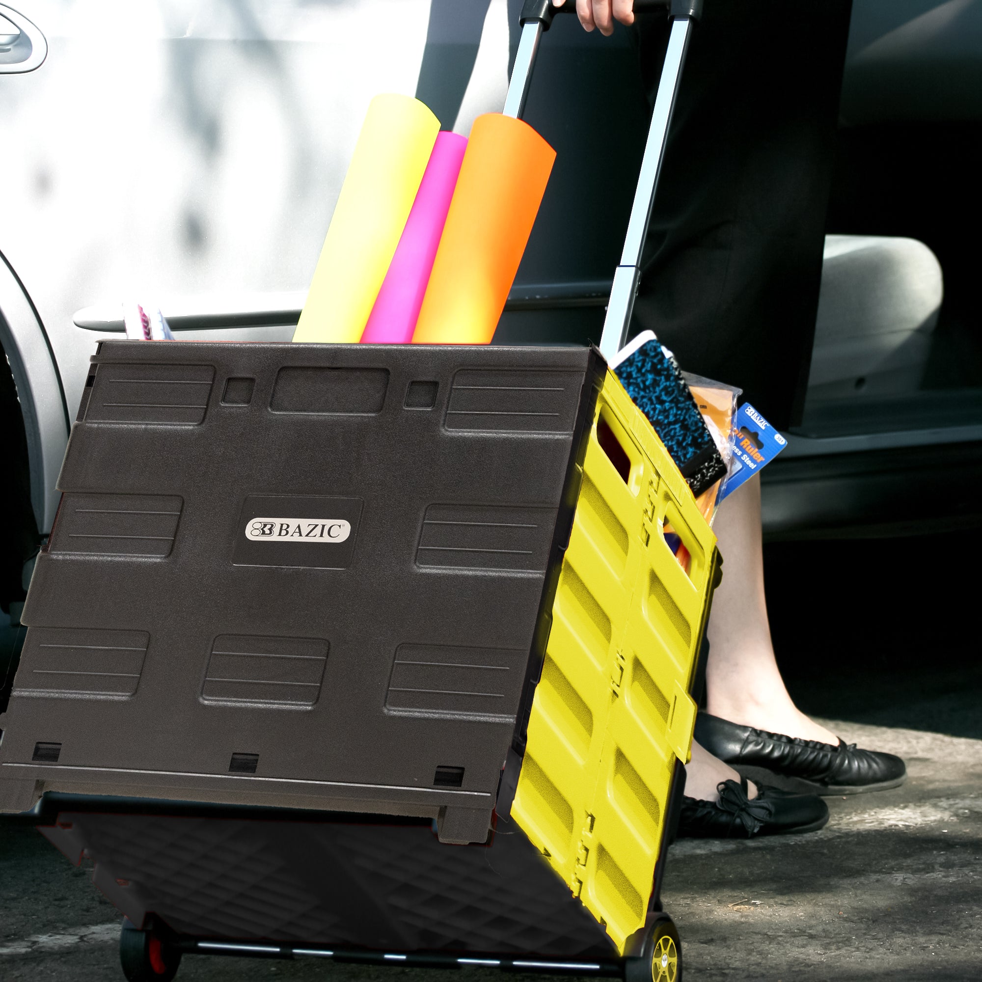 Yellow Folding Cart on Wheels, 16 x 18 x 15 in