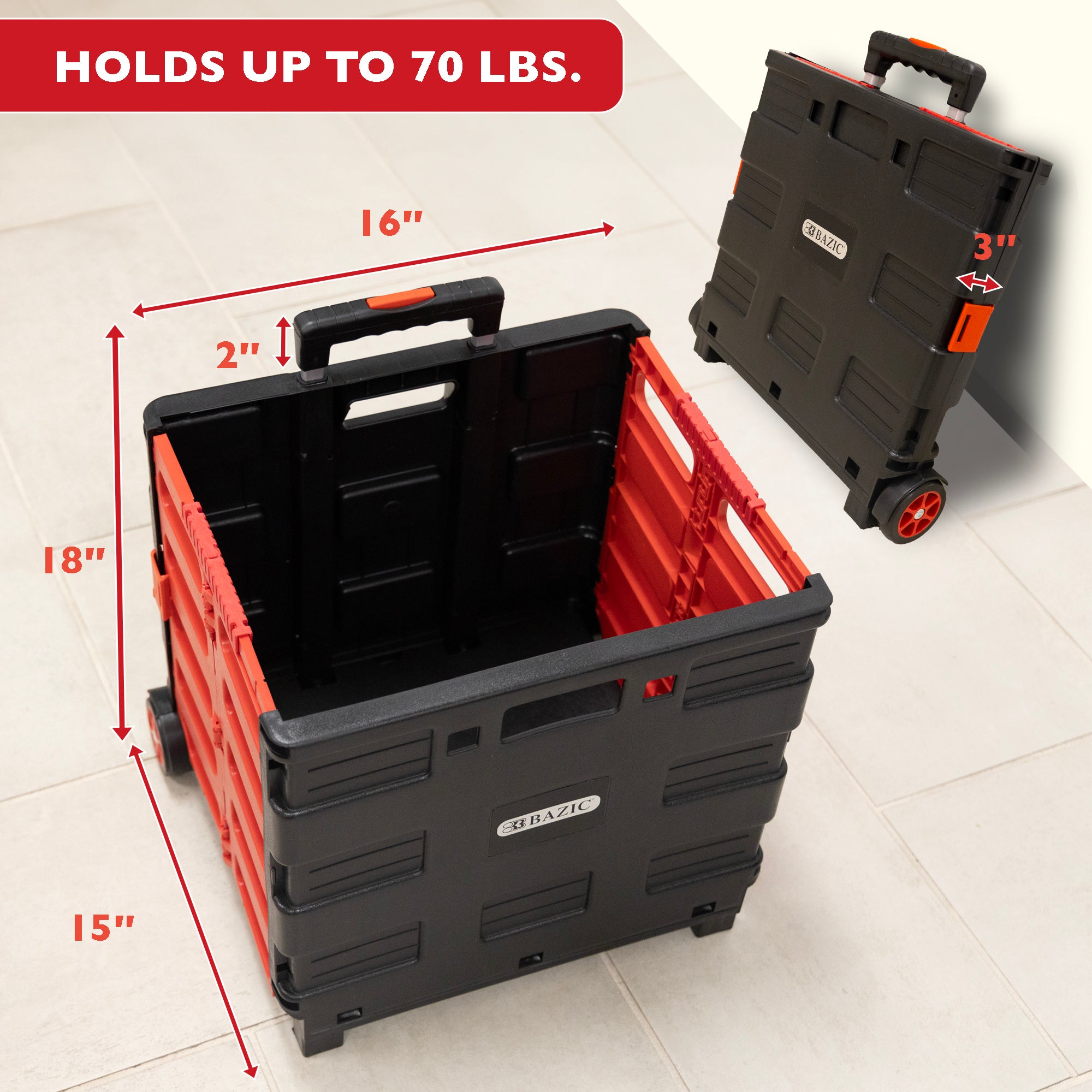Red Folding Cart on Wheels, 16 x 18 x 15 in, 70 lb Capacity