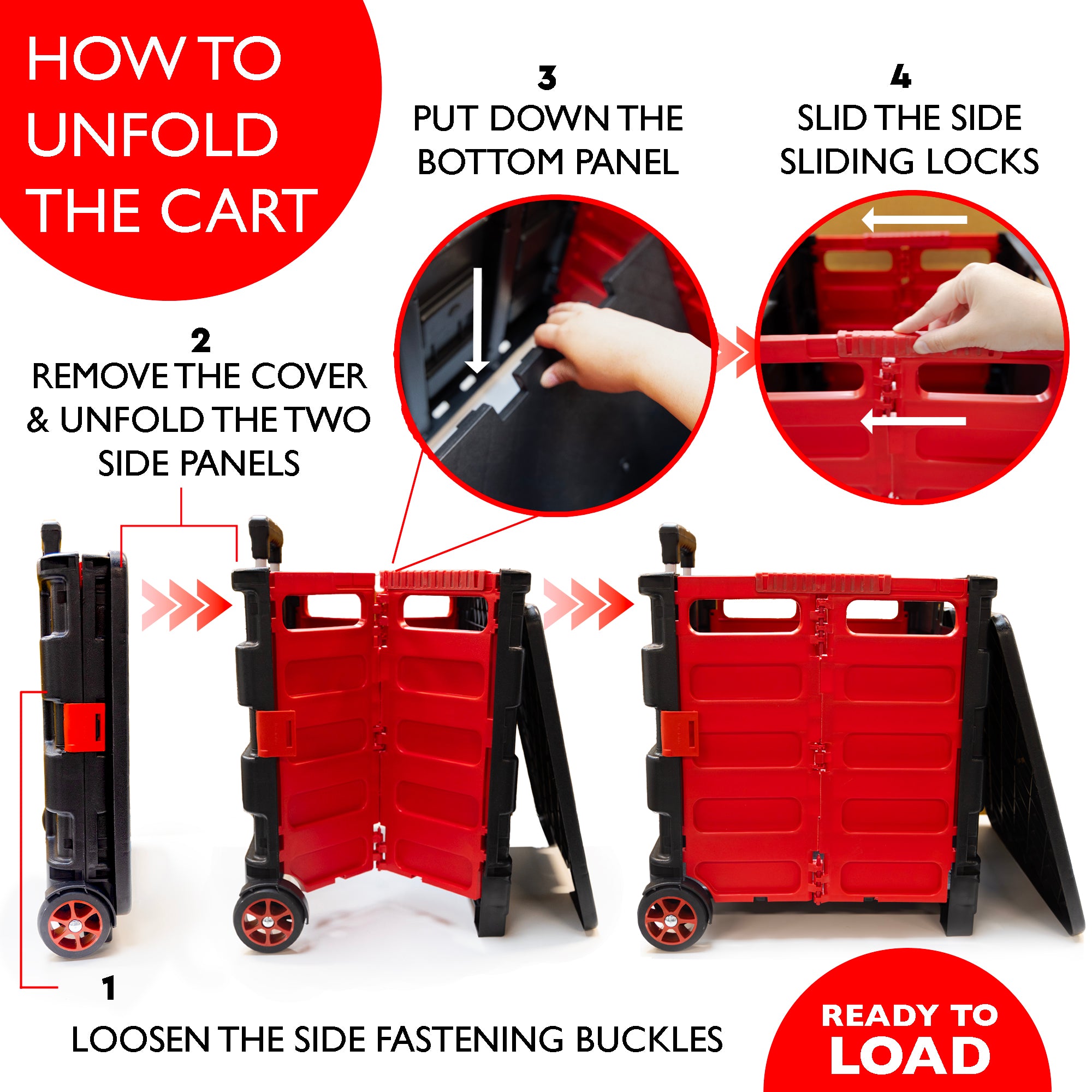 Red Folding Cart on Wheels, 16 x 18 x 15 in, 70 lb Capacity