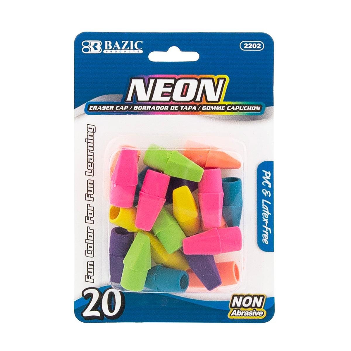 BAZIC Neon Pencil-Top Eraser Caps, Latex-Free, PVC-Free, 20 erasers