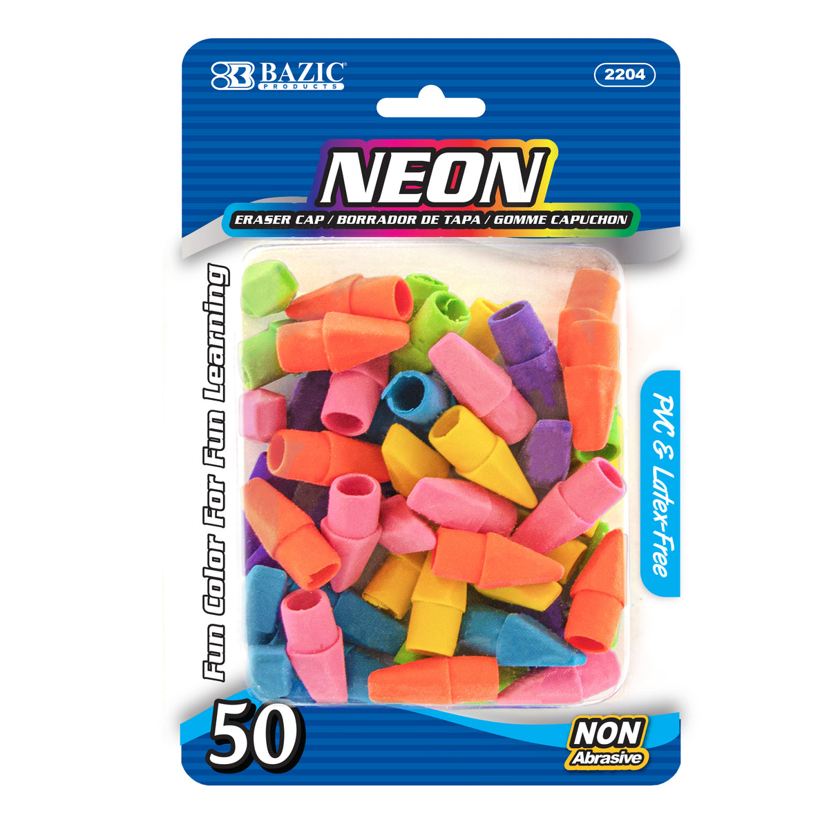 BAZIC Neon Pencil-Top Eraser Caps, Latex-Free, PVC-Free, 50 erasers