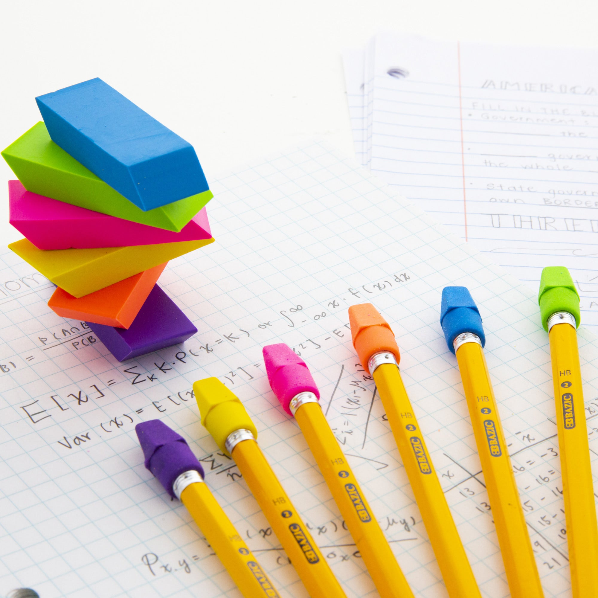 Neon Bevel Erasers, 6 Count, for School Homework Classroom