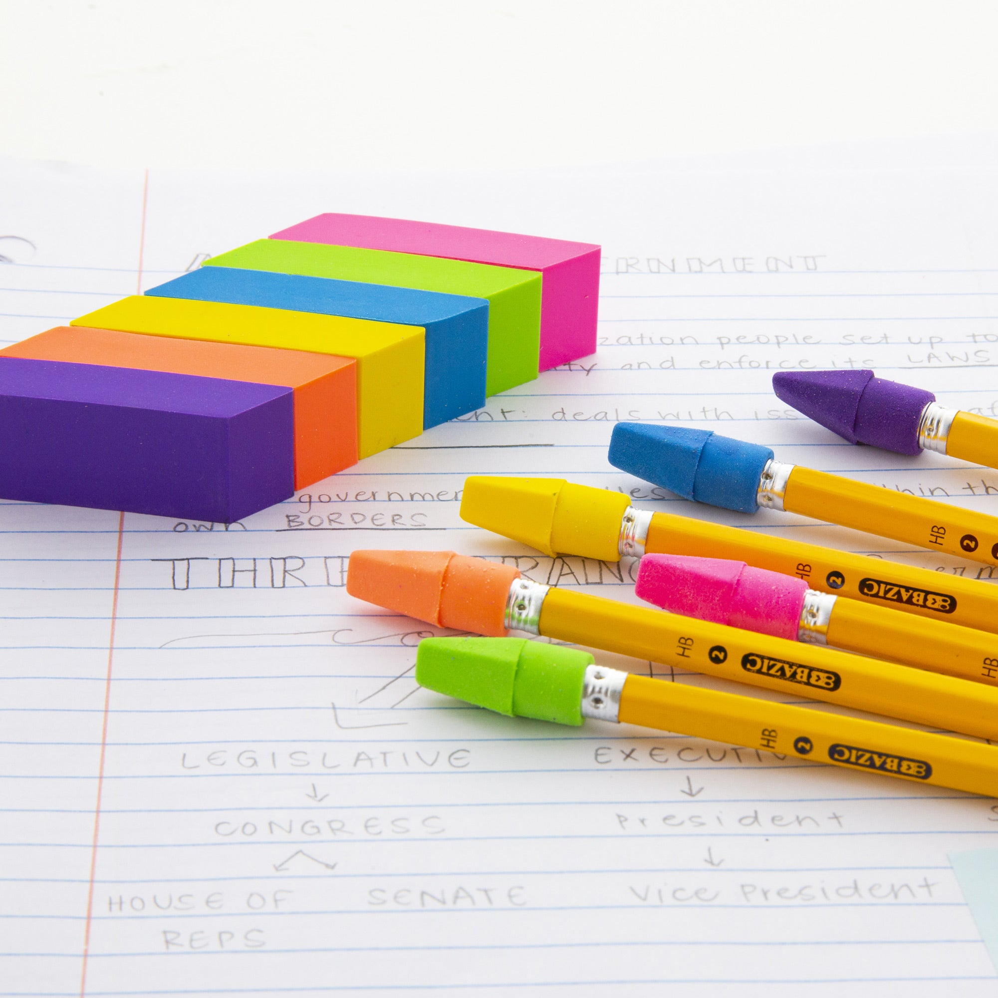 Neon Bevel Erasers, 6 Count, for School Homework Classroom