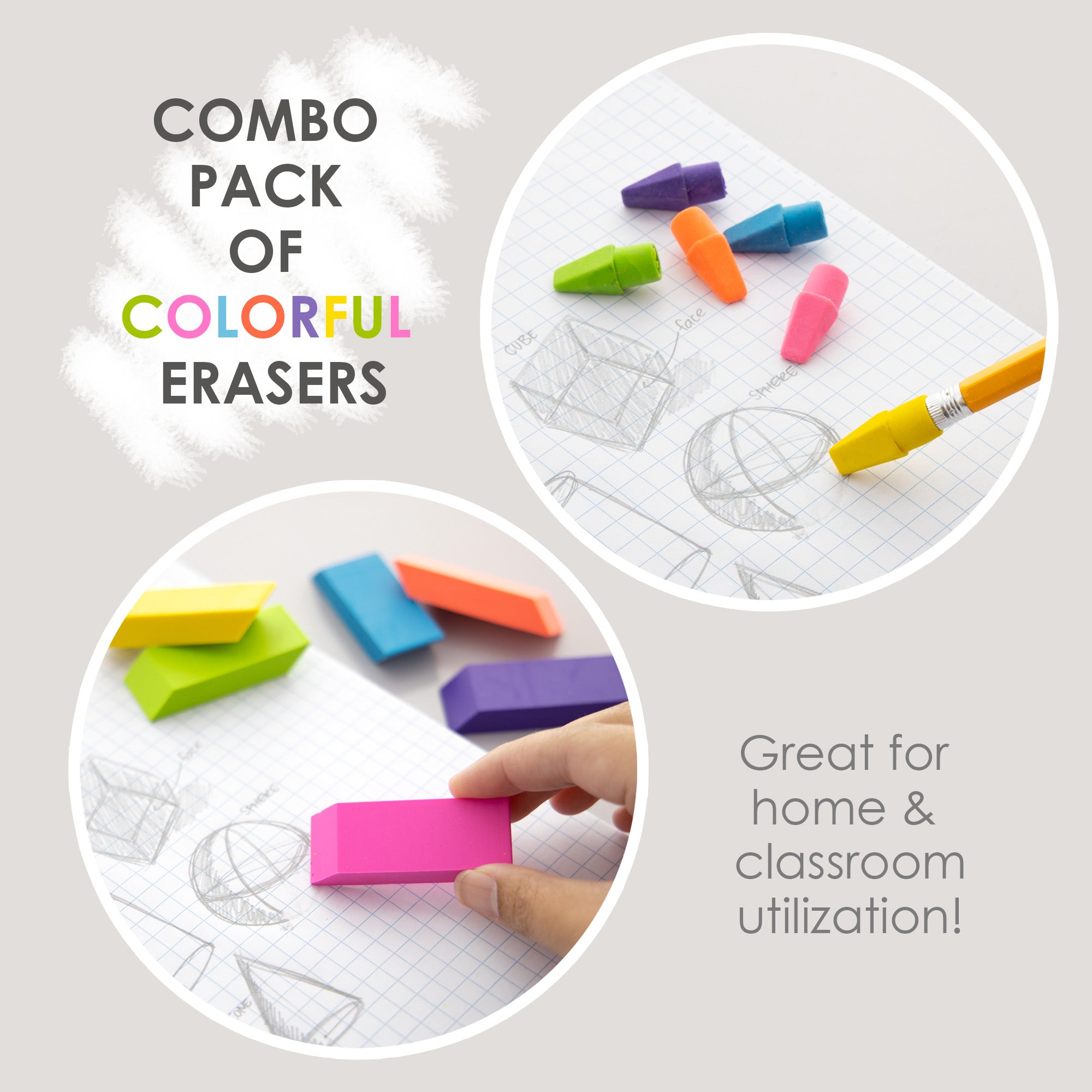 Neon Erasers, 12 Count, for School Homework Classroom