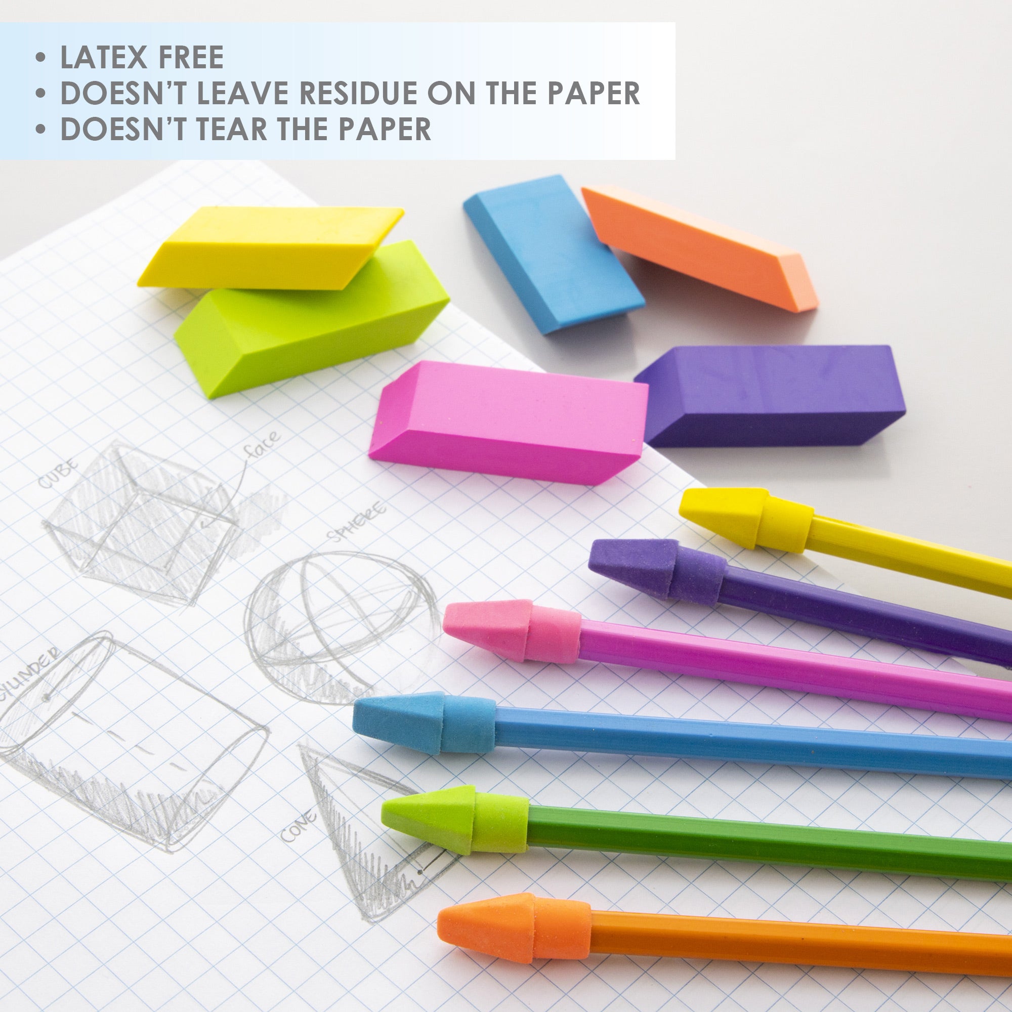 Neon Erasers, 12 Count, for School Homework Classroom