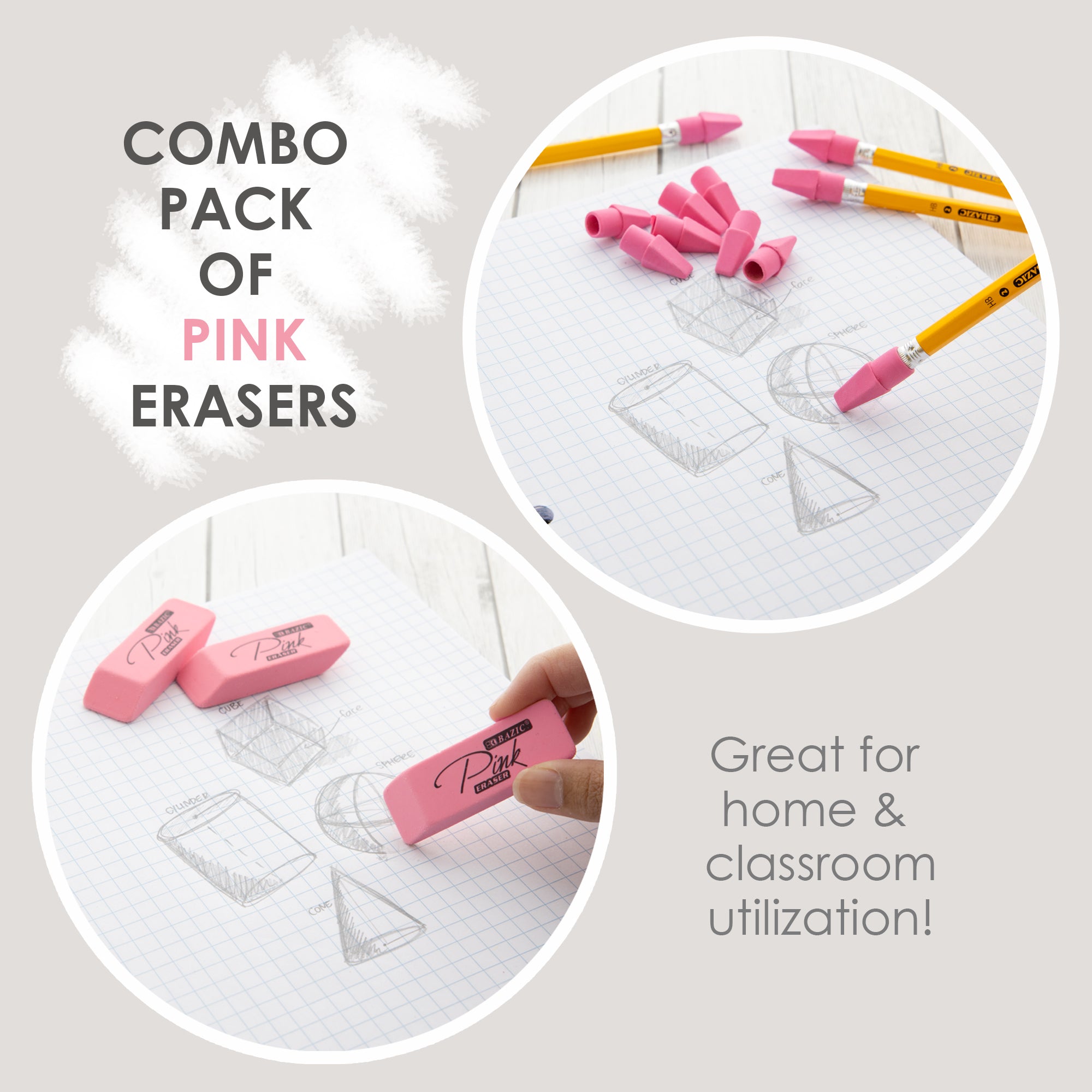 Pink Erasers, 15 Count, for School Homework Classroom