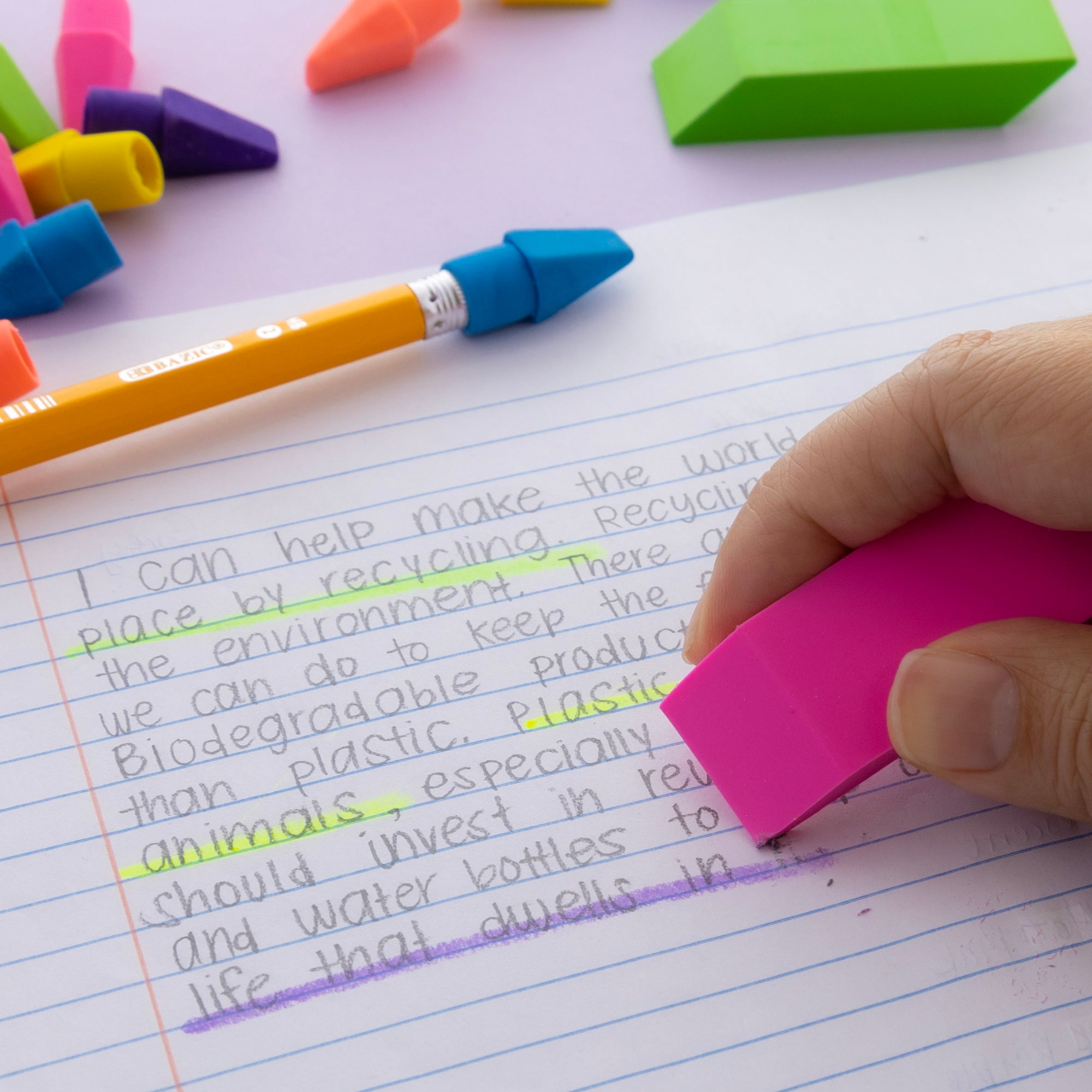 Neon Erasers & Eraser Caps Set, Latex-Free, 15 Pieces
