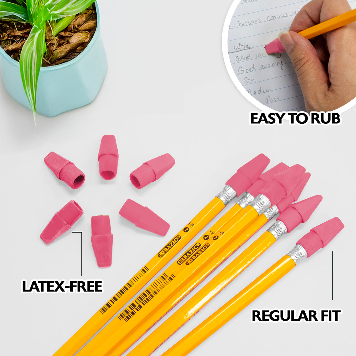 Pink eraser caps shown loose and on yellow pencils; latex-free, regular fit and easy to rub.