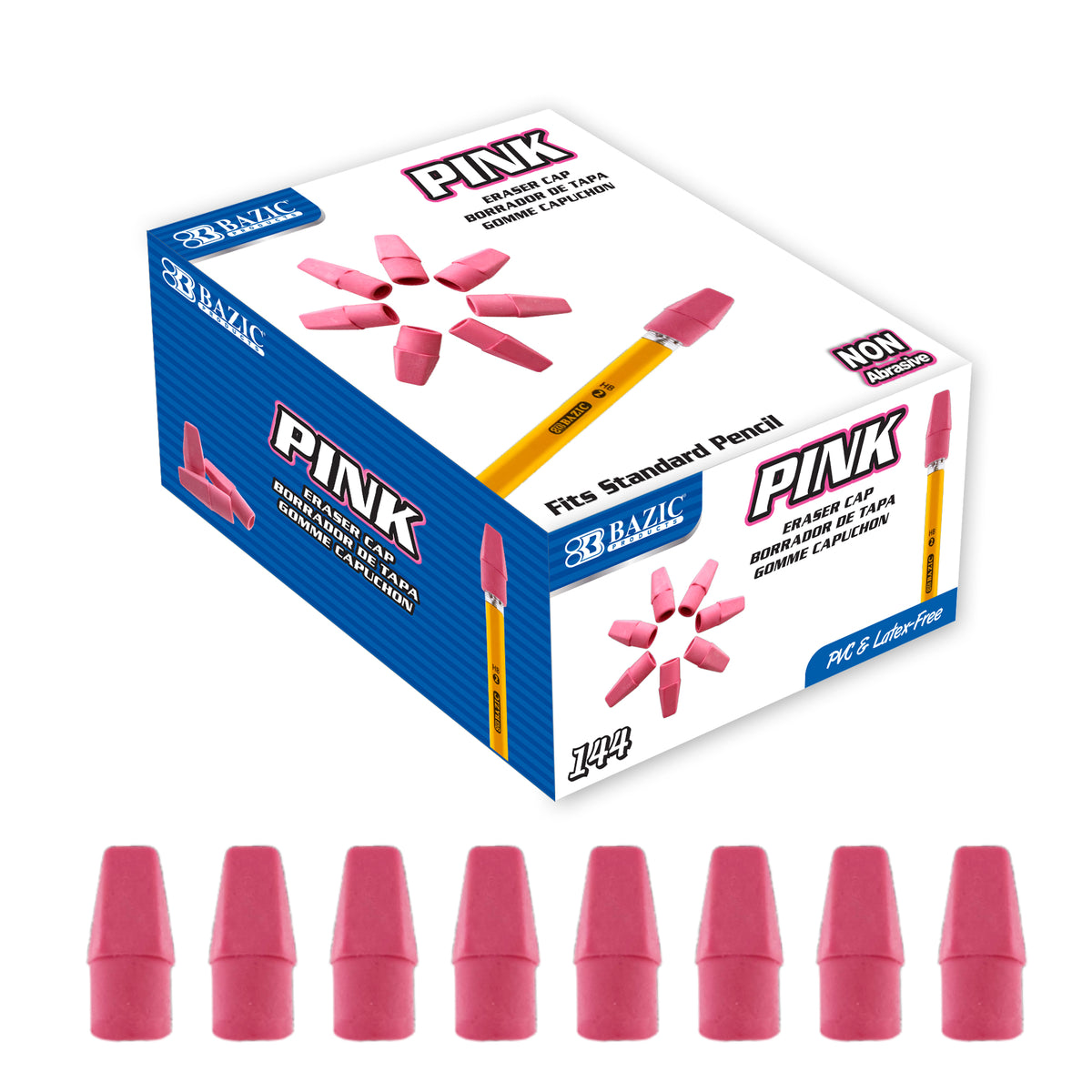 BAZIC Pink Pencil-Top Eraser Caps, Latex-Free, PVC-Free, 144 erasers