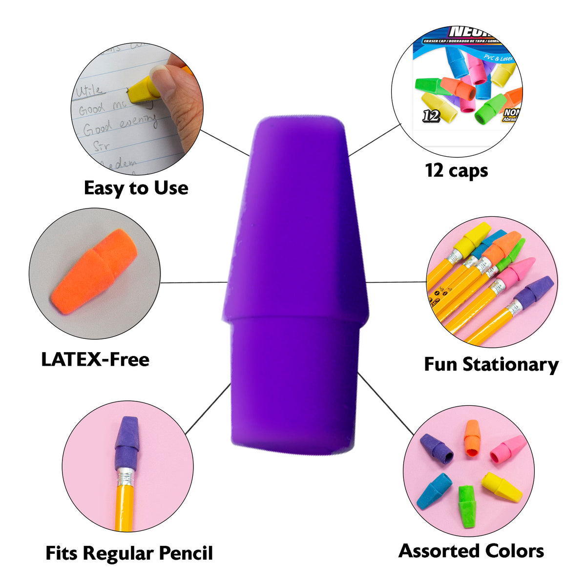 Neon Pencil-Top Eraser Caps, Latex-Free, PVC-Free