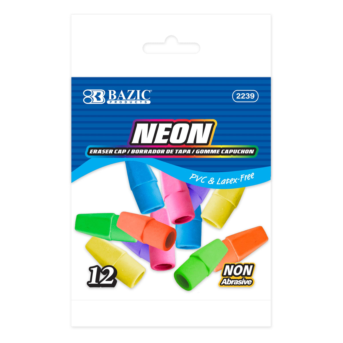 BAZIC Neon Pencil-Top Eraser Caps, Latex-Free, PVC-Free, 12 erasers