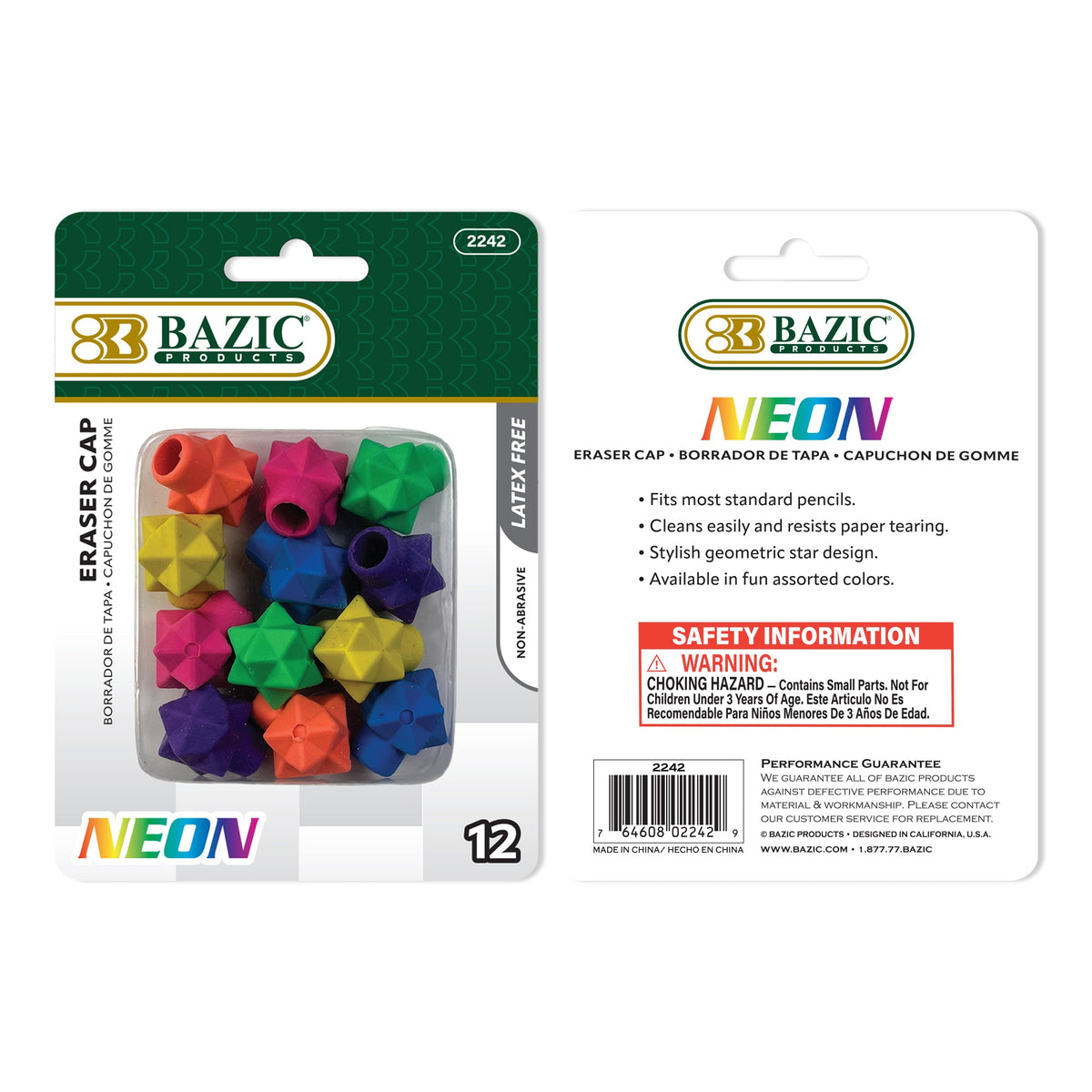 Neon Star Pencil Top Erasers, Latex-Free, 12-Count