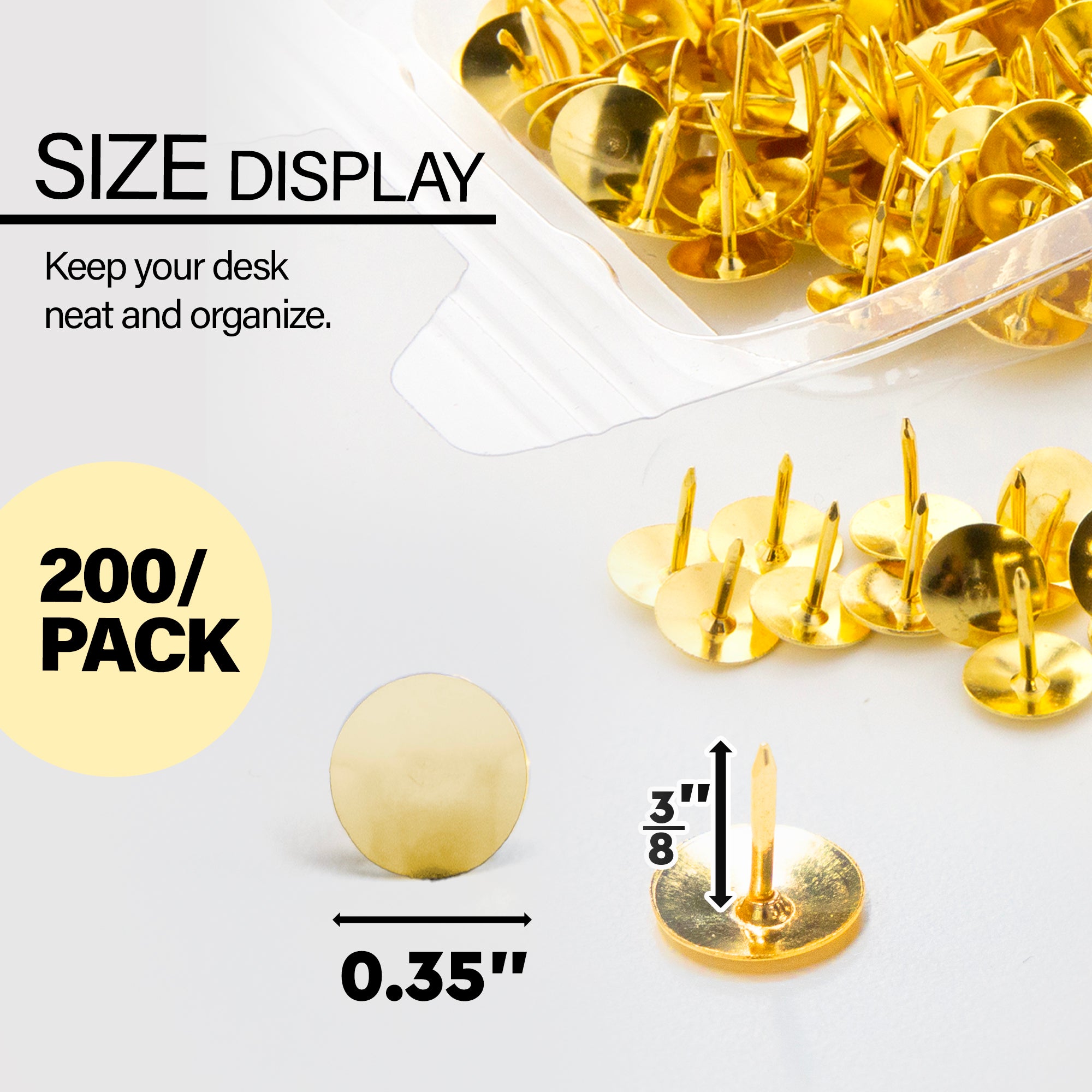 Brass-Plated Thumb Tacks, 200 Count, Gold