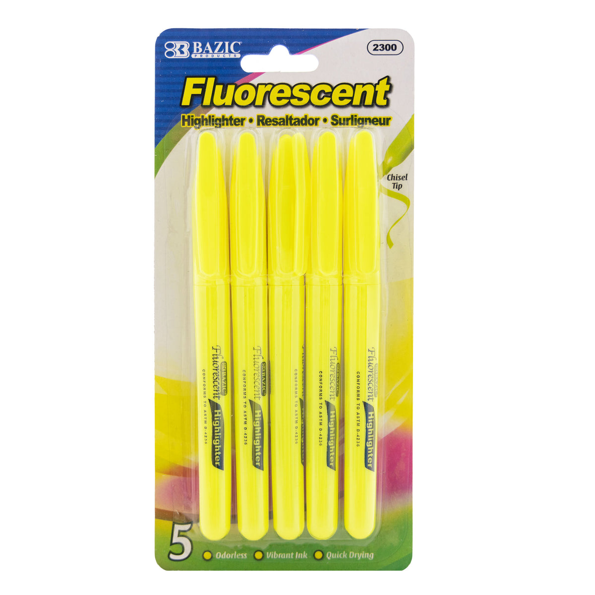 BAZIC Yellow Pen Style Highlighters, Chisel Tip, Pocket Clip