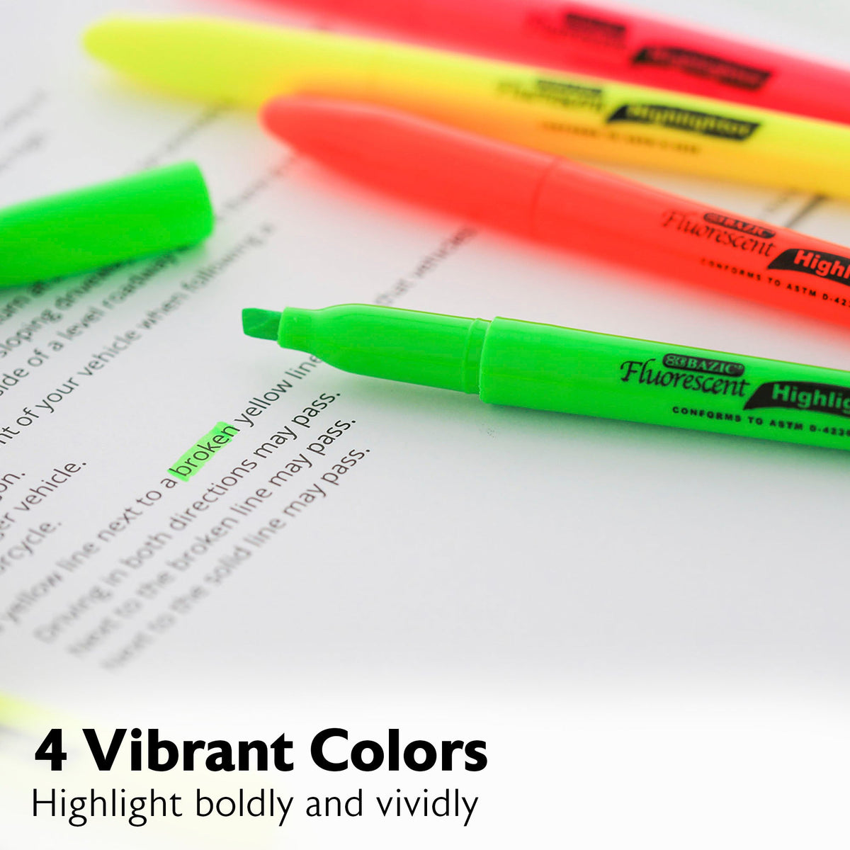 4 vibrant colors: green, orange, yellow and pink highlighters. Highlight boldly and vividly. Green chisel tip shown uncapped.